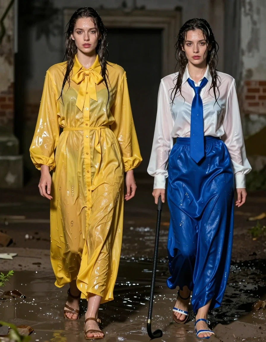 photo of young woman, in soaking wet, drenched clothes,
sandals, both: maxi dress, 1st woman: oversized yellow buttoned-down nylon dress with bowtie; 2nd woman: white long-sleeved satin blouse with blue necktie, maxi blue silk skirt, muddy damp dungeon, 
enjoying, wet clothes stuck to body,
detailed textures of the wet clothes, wet face, wet plastered hair,
wet, drenched, professional, high-quality details, full body view.
sharp focus, ultra-high pixel detail, realistic, high-quality, full colors, incredibly detailed, 4k, 8k, 16k, hyper-realistic, RAW photo, masterpiece, ultra-detailed, professionally color graded, professional photograph, nerdy teachers in their 30s. 1st woman is kneeling in the water, 2nd is holding a whip, wet skin, wet clothes, damp fabric