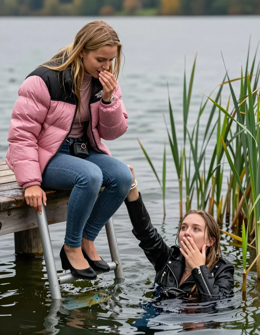 photo of young woman, in soaking wet, drenched clothes,
Heels, Completely soaked tight skinny jeans, Pink Puffer down jacket from north face, Tight turtleneck sweater belly free, handbag, pearl necklace, bracelet, wristwatch , Two Girls on a wooden bathing platform with a bathing ladder on a beautiful lake. The girls smiles with a sense of adventure and climbs the ladder into the water. The water reaches up to her chest., 
enjoying, wet clothes stuck to body,
detailed textures of the wet clothes, wet face, wet plastered hair,
wet, drenched, professional, high-quality details, full body view.
sharp focus, ultra-high pixel detail, realistic, high-quality, full colors, incredibly detailed, 4k, 8k, 16k, hyper-realistic, RAW photo, masterpiece, ultra-detailed, professionally color graded, professional photograph, Blond sleek long straight hair

19 years old  teenage girl

Laying her breast on the surface.  Looking slightly away. Hold her hand over mouth.

One Girl inside the water with a black biker leatherjacket and one hand on her mouth, hold with the other the viewer's hand, pulling them she is completely underwater up to her neck, afraid and astonished expression. 

She hides in the reeds.

her submerged clothes are hardly vusible under water, she soaked her handbag into the water. The Girls wear different clothes. 

close up view, wet skin, wet clothes, wet hair, damp fabric, water runs down the clothes, wet skin, wet clothes, damp fabric, wet skin, wet clothes, damp fabric, wet skin, wet clothes, damp fabric, wet skin, wet clothes, damp fabric, wet skin, wet clothes, damp fabric, wet skin, wet clothes, damp fabric, wet skin, wet clothes, damp fabric, wet skin, wet clothes, damp fabric, wet skin, wet clothes, damp fabric, wet skin, wet clothes, damp fabric, wet skin, wet clothes, damp fabric, wet skin, wet clothes, damp fabric, wet skin, wet clothes, damp fabric, wet skin, wet clothes, damp fabric, wet skin, wet clothes, damp fabric, wet skin, wet clothes, damp fabric, wet skin, wet clothes, damp fabric, wet skin, wet clothes, damp fabric, wet skin, wet clothes, damp fabric