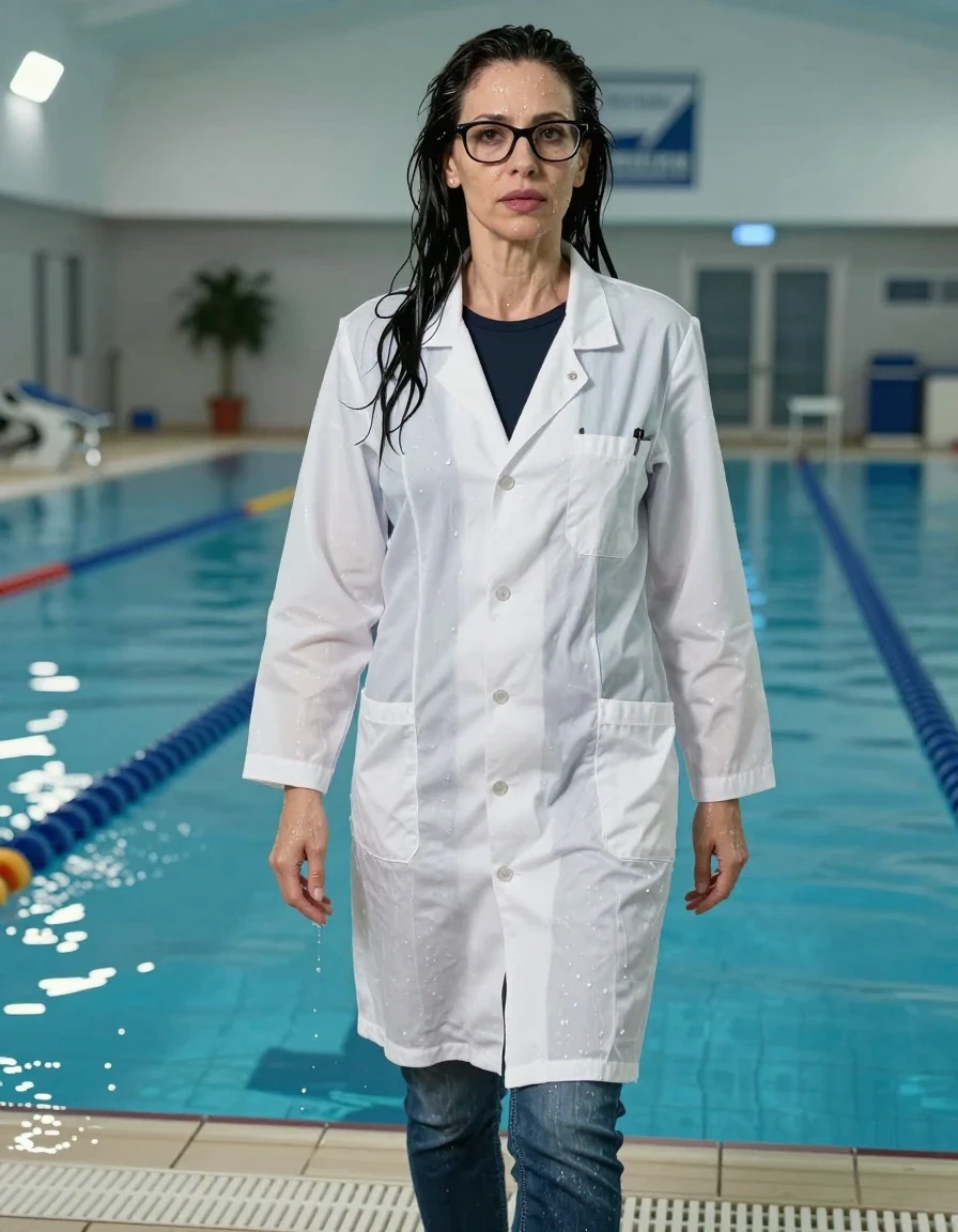 photo of young woman, in soaking wet, drenched clothes,
shoes, blue jeans, black t-shirt with long sleeves over clinging, white labcoat with long sleeves, after swiming indoor swimming pool, enjoying wet clothes stuck body, enjoying, wet clothes stuck to body, 
enjoying, wet clothes stuck to body,
detailed textures of the wet clothes, wet face, wet plastered hair,
wet, drenched, professional, high-quality details, full body view.
sharp focus, ultra-high pixel detail, realistic, high-quality, full colors, incredibly detailed, 4k, 8k, 16k, hyper-realistic, RAW photo, masterpiece, ultra-detailed, professionally color graded, professional photograph, europen brunette skinny woman 50 years old, long dark black hair, office glasses, very big and thick lips, complete body, wet skin, wet clothes, damp fabric, wet skin, wet clothes, damp fabric, wet skin, wet clothes, damp fabric, wet skin, wet clothes, damp fabric, wet skin, wet clothes, damp fabric, wet skin, wet clothes, damp fabric