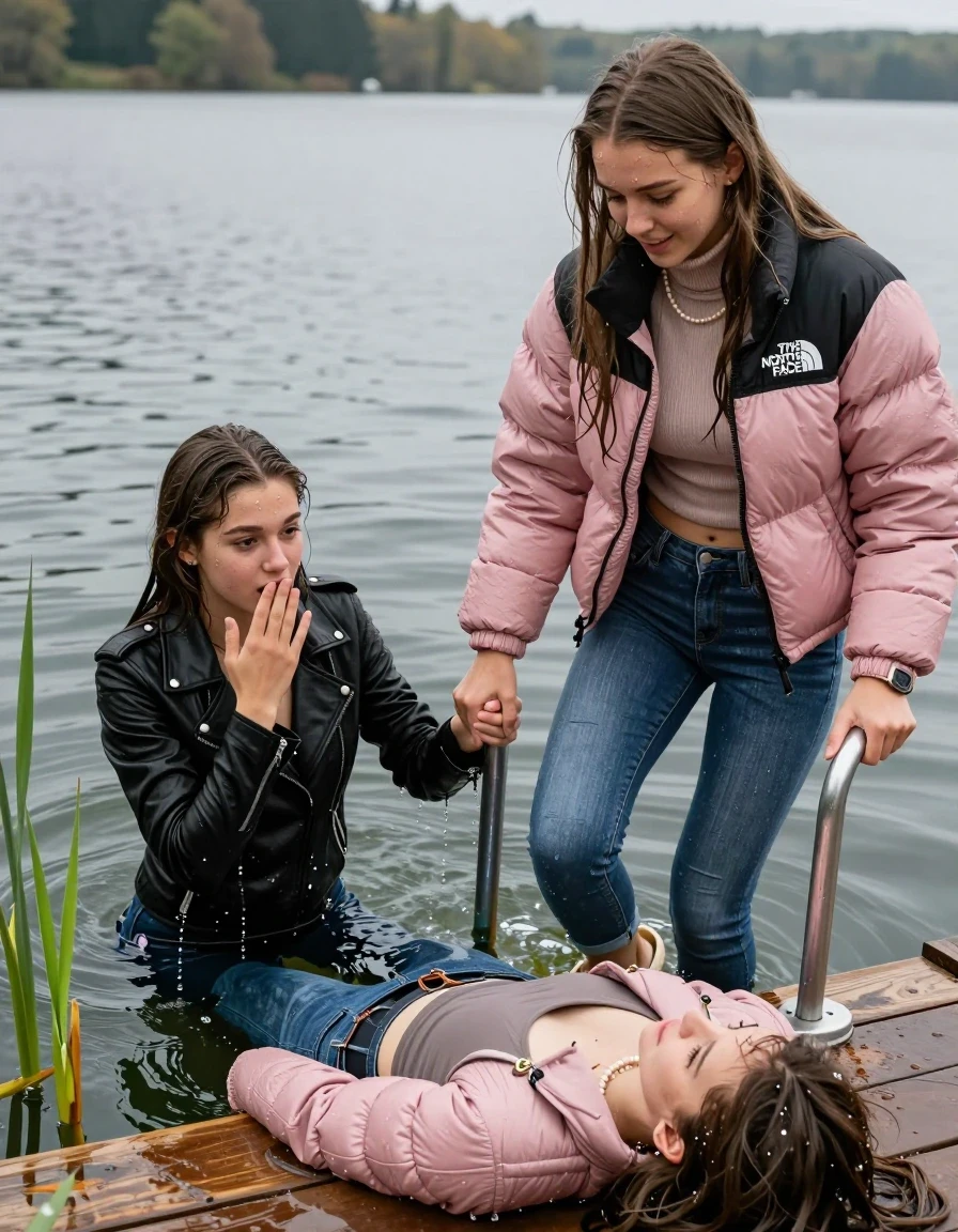 photo of young woman, in soaking wet, drenched clothes,
Heels, Completely soaked tight skinny jeans, Pink Puffer down jacket from north face, Tight turtleneck sweater belly free, handbag, pearl necklace, bracelet, wristwatch , Two Girls on a wooden bathing platform with a bathing ladder on a beautiful lake. The girls smiles with a sense of adventure and climbs the ladder into the water. The water reaches up to her chest., 
enjoying, wet clothes stuck to body,
detailed textures of the wet clothes, wet face, wet plastered hair,
wet, drenched, professional, high-quality details, full body view.
sharp focus, ultra-high pixel detail, realistic, high-quality, full colors, incredibly detailed, 4k, 8k, 16k, hyper-realistic, RAW photo, masterpiece, ultra-detailed, professionally color graded, professional photograph, sleek long straight hair

19 years old  teenage girl

Laying her breast on the surface.  Looking slightly away. Hold her hand over mouth.

One Girl inside the water with a black biker leatherjacket and one hand on her mouth, hold with the other the viewer's hand, pulling them she is completely underwater up to her neck, afraid and astonished expression. 

She hides in the reeds.

her submerged clothes are hardly vusible under water, she soaked her handbag into the water. The Girls wear different clothes. 

close up view, wet skin, wet clothes, wet hair, damp fabric, water runs down the clothes, wet skin, wet clothes, damp fabric, wet skin, wet clothes, damp fabric, wet skin, wet clothes, damp fabric, wet skin, wet clothes, damp fabric, wet skin, wet clothes, damp fabric, wet skin, wet clothes, damp fabric, wet skin, wet clothes, damp fabric, wet skin, wet clothes, damp fabric, wet skin, wet clothes, damp fabric, wet skin, wet clothes, damp fabric, wet skin, wet clothes, damp fabric, wet skin, wet clothes, damp fabric, wet skin, wet clothes, damp fabric, wet skin, wet clothes, damp fabric, wet skin, wet clothes, damp fabric, wet skin, wet clothes, damp fabric, wet skin, wet clothes, damp fabric, wet skin, wet clothes, damp fabric, wet skin, wet clothes, damp fabric, wet skin, wet clothes, damp fabric