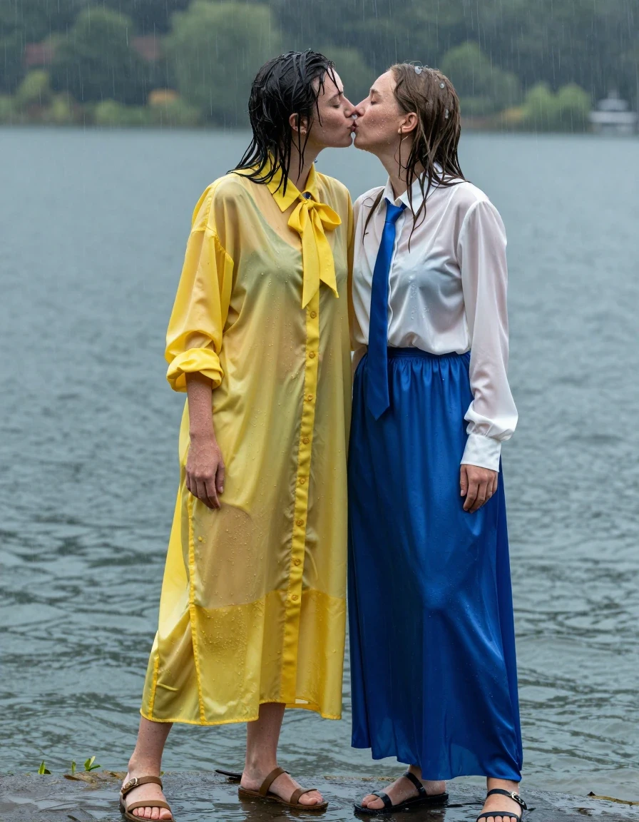 photo of young woman, in soaking wet, drenched clothes,
sandals, both: maxi dress, 1st woman: oversized yellow buttoned-down nylon dress with bowtie; 2nd woman: white long-sleeved satin blouse with blue necktie, maxi blue silk skirt, lake during rainfall, 
enjoying, wet clothes stuck to body,
detailed textures of the wet clothes, wet face, wet plastered hair,
wet, drenched, professional, high-quality details, full body view.
sharp focus, ultra-high pixel detail, realistic, high-quality, full colors, incredibly detailed, 4k, 8k, 16k, hyper-realistic, RAW photo, masterpiece, ultra-detailed, professionally color graded, professional photograph, nerdy teachers in their 30s swimming and kissing, wet skin, wet clothes, damp fabric