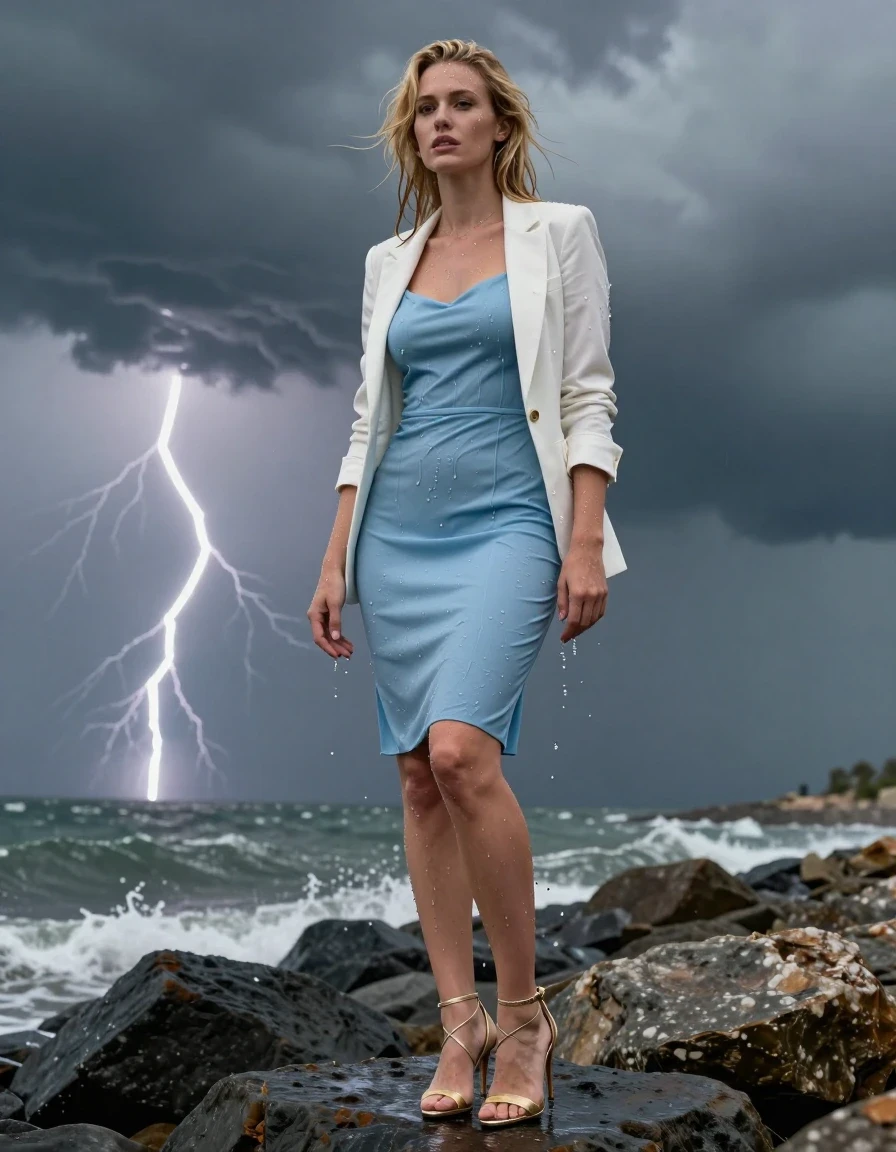 photo of young woman, in soaking wet, drenched clothes,
Strappy gold stilettos , Pale blue cocktail dress , white blazer , Standing on rocks, thunder storm , 
enjoying, wet clothes stuck to body,
detailed textures of the wet clothes, wet face, wet plastered hair,
wet, drenched, professional, high-quality details, full body view.
sharp focus, ultra-high pixel detail, realistic, high-quality, full colors, incredibly detailed, 4k, 8k, 16k, hyper-realistic, RAW photo, masterpiece, ultra-detailed, professionally color graded, professional photograph, Blonde, wet clothes, wet skin, wet clothes, damp fabric