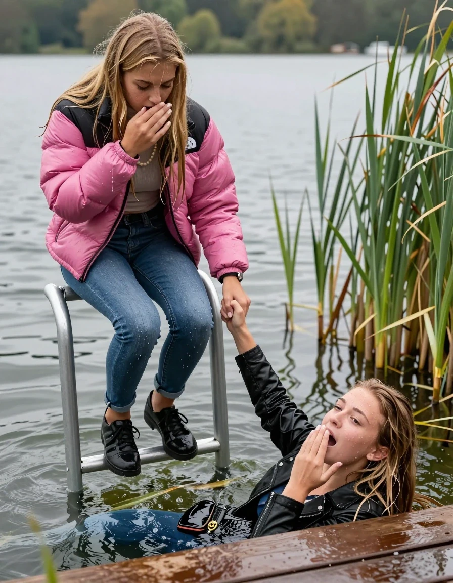 photo of young woman, in soaking wet, drenched clothes,
Heels, Completely soaked tight skinny jeans, Pink Puffer down jacket from north face, Tight turtleneck sweater belly free, handbag, pearl necklace, bracelet, wristwatch , Two Girls on a wooden bathing platform with a bathing ladder on a beautiful lake. The girls smiles with a sense of adventure and climbs the ladder into the water. The water reaches up to her chest., 
enjoying, wet clothes stuck to body,
detailed textures of the wet clothes, wet face, wet plastered hair,
wet, drenched, professional, high-quality details, full body view.
sharp focus, ultra-high pixel detail, realistic, high-quality, full colors, incredibly detailed, 4k, 8k, 16k, hyper-realistic, RAW photo, masterpiece, ultra-detailed, professionally color graded, professional photograph, Blond sleek long straight hair

19 years old  teenage girl

Laying her breast on the surface.  Looking slightly away. Hold her hand over mouth.

One Girl inside the water with a black biker leatherjacket and one hand on her mouth, hold with the other the viewer's hand, pulling them she is completely underwater up to her neck, afraid and astonished expression. 

She hides in the reeds.

her submerged clothes are hardly vusible under water, she soaked her handbag into the water. The Girls wear different clothes. 

close up view, wet skin, wet clothes, wet hair, damp fabric, water runs down the clothes, wet skin, wet clothes, damp fabric, wet skin, wet clothes, damp fabric, wet skin, wet clothes, damp fabric, wet skin, wet clothes, damp fabric, wet skin, wet clothes, damp fabric, wet skin, wet clothes, damp fabric, wet skin, wet clothes, damp fabric, wet skin, wet clothes, damp fabric, wet skin, wet clothes, damp fabric, wet skin, wet clothes, damp fabric, wet skin, wet clothes, damp fabric, wet skin, wet clothes, damp fabric, wet skin, wet clothes, damp fabric, wet skin, wet clothes, damp fabric, wet skin, wet clothes, damp fabric, wet skin, wet clothes, damp fabric, wet skin, wet clothes, damp fabric, wet skin, wet clothes, damp fabric, wet skin, wet clothes, damp fabric