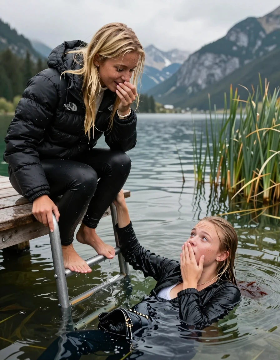 photo of young woman, in soaking wet, drenched clothes,
, Black leatherleggings , Black Puffer down jacket from north face, Tight turtleneck sweater belly free, handbag, pearl necklace, bracelet, wristwatch , Two Girls on a wooden bathing platform with a bathing ladder on a beautiful mountain lake. The girls smiles with a sense of adventure and climbs the ladder into the water. The water reaches up to her chest., 
enjoying, wet clothes stuck to body,
detailed textures of the wet clothes, wet face, wet plastered hair,
wet, drenched, professional, high-quality details, full body view.
sharp focus, ultra-high pixel detail, realistic, high-quality, full colors, incredibly detailed, 4k, 8k, 16k, hyper-realistic, RAW photo, masterpiece, ultra-detailed, professionally color graded, professional photograph, Blond sleek long straight hair

19 years old  teenage girl

Laying her breast on the surface.  Looking slightly away. Hold her hand over mouth.

One Girl inside the water 0ne hand on her mouth, hold with the other the viewer's hand, pulling them she is completely underwater up to her neck, afraid and astonished expression. 

She hides in the reeds.

her submerged clothes are hardly vusible under water, she soaked her handbag into the water. The Girls wear different clothes. 

close up view, wet skin, wet clothes, wet hair, damp fabric, water runs down the clothes, wet skin, wet clothes, damp fabric, wet skin, wet clothes, damp fabric, wet skin, wet clothes, damp fabric, wet skin, wet clothes, damp fabric, wet skin, wet clothes, damp fabric, wet skin, wet clothes, damp fabric, wet skin, wet clothes, damp fabric, wet skin, wet clothes, damp fabric, wet skin, wet clothes, damp fabric, wet skin, wet clothes, damp fabric, wet skin, wet clothes, damp fabric, wet skin, wet clothes, damp fabric, wet skin, wet clothes, damp fabric, wet skin, wet clothes, damp fabric, wet skin, wet clothes, damp fabric, wet skin, wet clothes, damp fabric, wet skin, wet clothes, damp fabric, wet skin, wet clothes, damp fabric