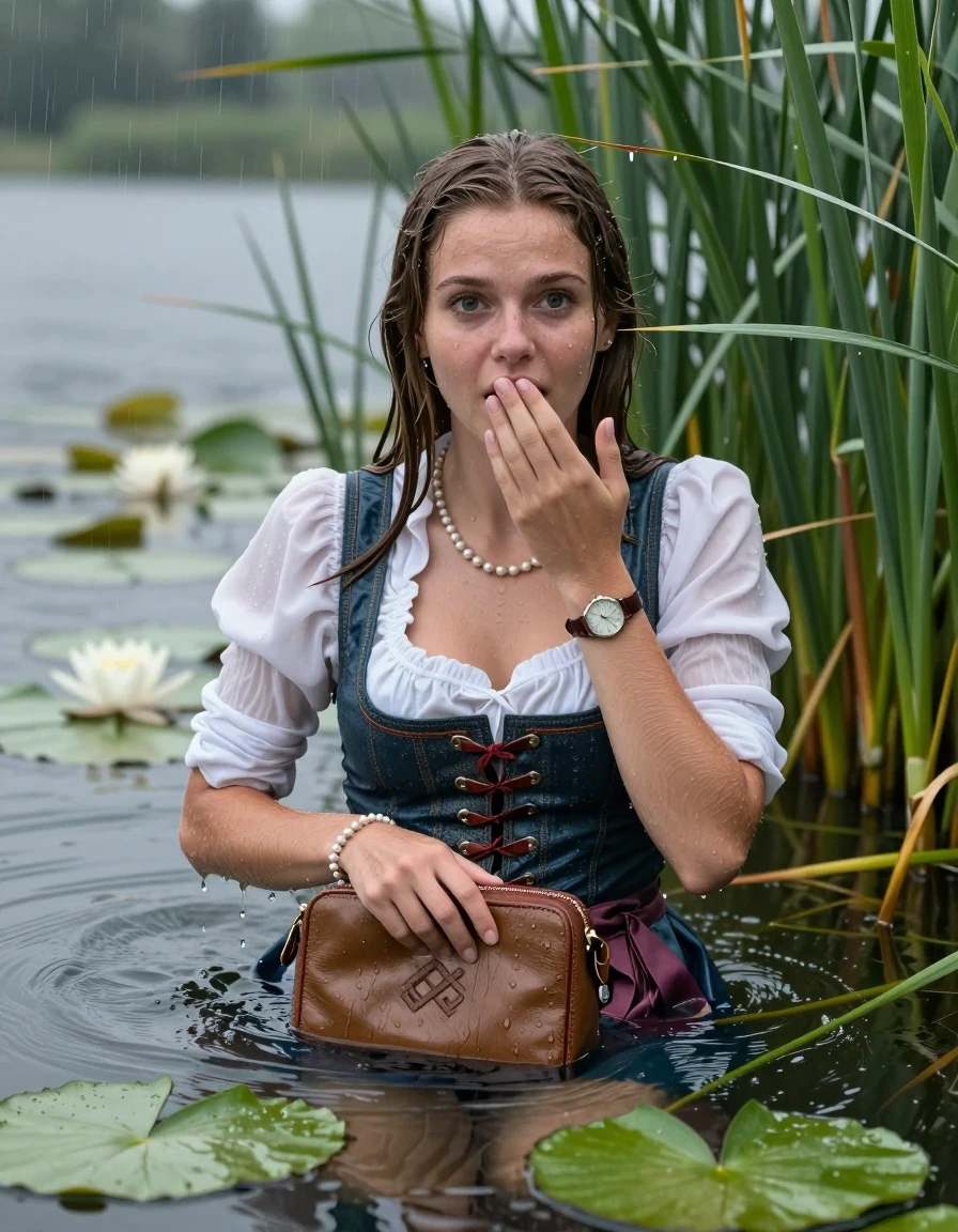photo of young woman, in soaking wet, drenched clothes,
, , Short Dirndl, handbag, pearl necklace, bracelet, wristwatch , Emerging after diving in a lake with water lilies and reeds, rain , 
enjoying, wet clothes stuck to body,
detailed textures of the wet clothes, wet face, wet plastered hair,
wet, drenched, professional, high-quality details, full body view.
sharp focus, ultra-high pixel detail, realistic, high-quality, full colors, incredibly detailed, 4k, 8k, 16k, hyper-realistic, RAW photo, masterpiece, ultra-detailed, professionally color graded, professional photograph, Sleek long straight hair 

19 years old  teenage girl

Laying her breast on the surface.  Looking at camera. Hold her hand on mouth.

she is completely underwater up to her neck, stupified shocked expression. 

She hides in the reeds and is surprised by spectators

her submerged clothes are hardly vusible under water, she soaked her handbag into the water

close up view, wet skin, wet clothes, wet hair, damp fabric, water runs down the clothes, wet skin, wet clothes, damp fabric, wet skin, wet clothes, damp fabric, wet skin, wet clothes, damp fabric, wet skin, wet clothes, damp fabric, wet skin, wet clothes, damp fabric, wet skin, wet clothes, damp fabric, wet skin, wet clothes, damp fabric, wet skin, wet clothes, damp fabric, wet skin, wet clothes, damp fabric, wet skin, wet clothes, damp fabric, wet skin, wet clothes, damp fabric, wet skin, wet clothes, damp fabric, wet skin, wet clothes, damp fabric, wet skin, wet clothes, damp fabric, wet skin, wet clothes, damp fabric, wet skin, wet clothes, damp fabric, wet skin, wet clothes, damp fabric