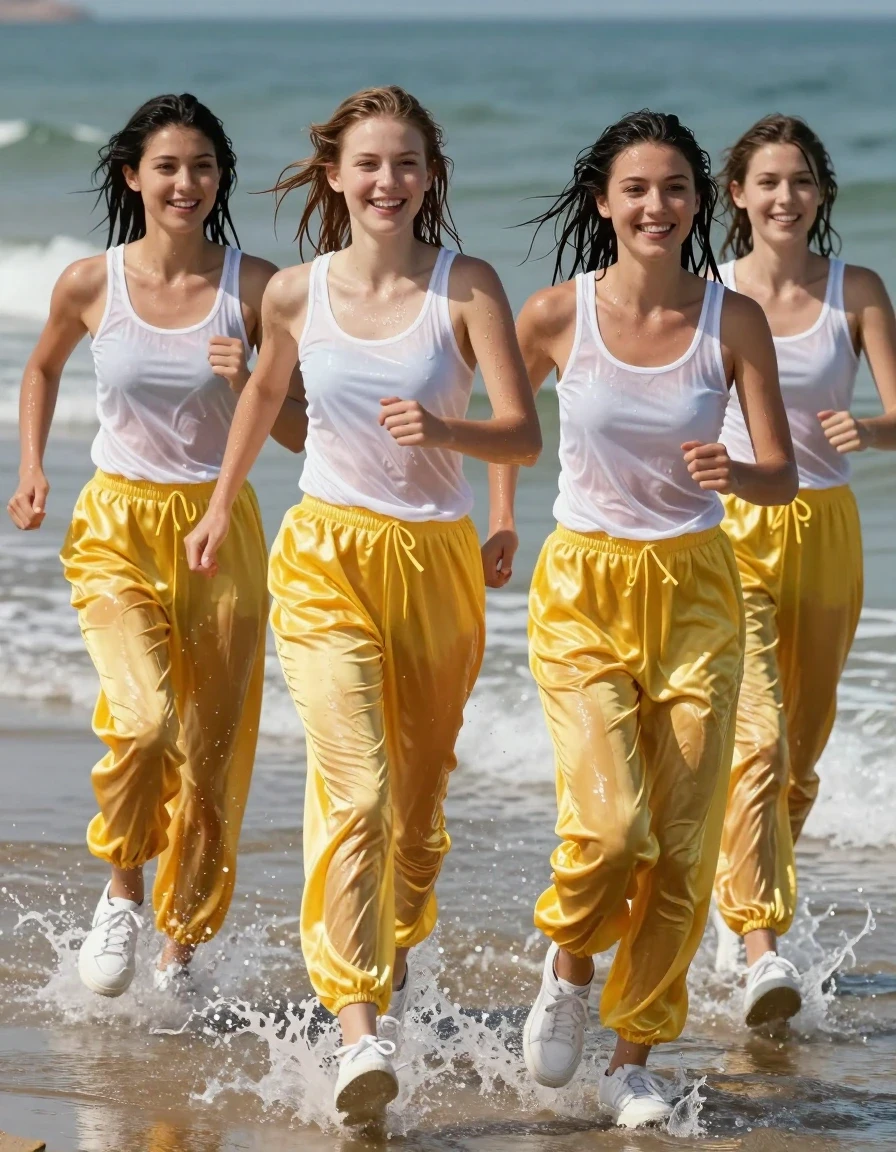 A cinematic, photorealistic shot of four young European women jogging through the shallow waves of a sunlit beach. The women are wearing long, 80s-style yellow satin jogging pants that are translucent and soaking wet, clinging to their legs with heavy, dark, water-saturated folds and a distinct glossy sheen. They wear thin, translucent white tops that are completely drenched, clinging to their skin, revealing texture and detail underneath. Their feet are clad in white sneakers, soaked and splashing through the surf. The women have wet, matted hair and glistening, damp skin, with expressions of pure joy and excitement as they revel in getting wet. The scene is captured at eye-level with vibrant, natural beach lighting, emphasizing the high-contrast wetness of the fabrics and the sparkling water splashing around them. Professional photography, sharp focus, hyper-detailed textures, realistic water physics.