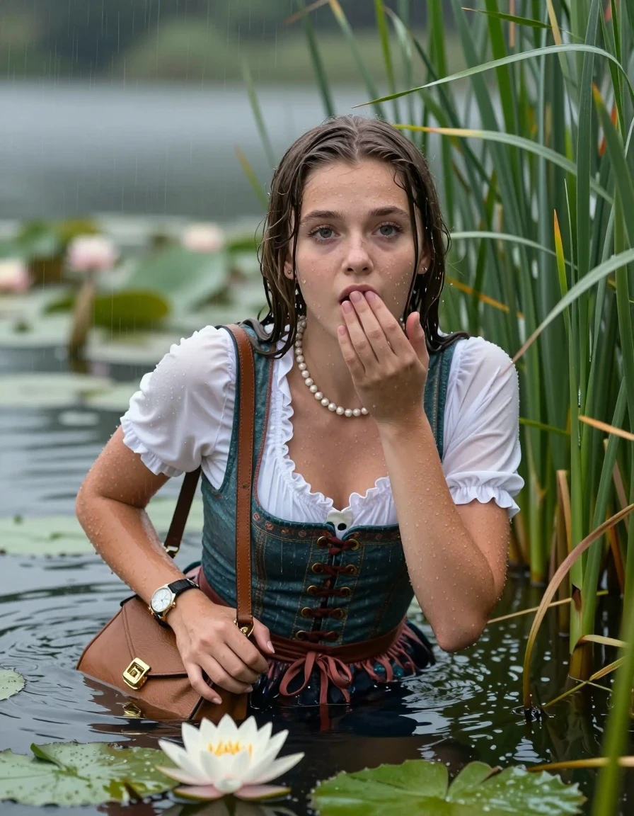 photo of young woman, in soaking wet, drenched clothes,
, , Short Dirndl, handbag, pearl necklace, bracelet, wristwatch , Emerging after diving in a lake with water lilies and reeds, rain , 
enjoying, wet clothes stuck to body,
detailed textures of the wet clothes, wet face, wet plastered hair,
wet, drenched, professional, high-quality details, full body view.
sharp focus, ultra-high pixel detail, realistic, high-quality, full colors, incredibly detailed, 4k, 8k, 16k, hyper-realistic, RAW photo, masterpiece, ultra-detailed, professionally color graded, professional photograph, Sleek long straight hair 

19 years old  teenage girl

Laying her breast on the surface.  Looking at camera. Hold her hand on mouth.

she is completely underwater up to her neck, afraid and astonished expression. 

She hides in the reeds and is surprised by spectators

her submerged clothes are hardly vusible under water, she soaked her handbag into the water

close up view, wet skin, wet clothes, wet hair, damp fabric, water runs down the clothes, wet skin, wet clothes, damp fabric, wet skin, wet clothes, damp fabric, wet skin, wet clothes, damp fabric, wet skin, wet clothes, damp fabric, wet skin, wet clothes, damp fabric, wet skin, wet clothes, damp fabric, wet skin, wet clothes, damp fabric, wet skin, wet clothes, damp fabric, wet skin, wet clothes, damp fabric, wet skin, wet clothes, damp fabric, wet skin, wet clothes, damp fabric, wet skin, wet clothes, damp fabric, wet skin, wet clothes, damp fabric, wet skin, wet clothes, damp fabric, wet skin, wet clothes, damp fabric, wet skin, wet clothes, damp fabric, wet skin, wet clothes, damp fabric