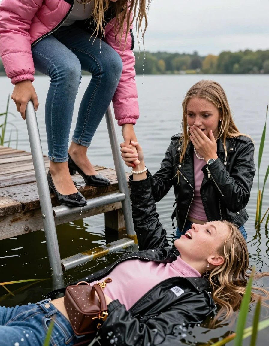 photo of young woman, in soaking wet, drenched clothes,
Heels, Completely soaked tight skinny jeans, Pink Puffer down jacket from north face, Tight turtleneck sweater belly free, handbag, pearl necklace, bracelet, wristwatch , Two Girls on a wooden bathing platform with a bathing ladder on a beautiful lake. The girls smiles with a sense of adventure and climbs the ladder into the water. The water reaches up to her chest., 
enjoying, wet clothes stuck to body,
detailed textures of the wet clothes, wet face, wet plastered hair,
wet, drenched, professional, high-quality details, full body view.
sharp focus, ultra-high pixel detail, realistic, high-quality, full colors, incredibly detailed, 4k, 8k, 16k, hyper-realistic, RAW photo, masterpiece, ultra-detailed, professionally color graded, professional photograph, Blond sleek long straight hair

19 years old  teenage girl

Laying her breast on the surface.  Looking slightly away. Hold her hand over mouth.

One Girl inside the water with a black biker leatherjacket and one hand on her mouth, hold with the other the viewer's hand, pulling them she is completely underwater up to her neck, afraid and astonished expression. 

She hides in the reeds.

her submerged clothes are hardly vusible under water, she soaked her handbag into the water. The Girls wear different clothes. 

close up view, wet skin, wet clothes, wet hair, damp fabric, water runs down the clothes, wet skin, wet clothes, damp fabric, wet skin, wet clothes, damp fabric, wet skin, wet clothes, damp fabric, wet skin, wet clothes, damp fabric, wet skin, wet clothes, damp fabric, wet skin, wet clothes, damp fabric, wet skin, wet clothes, damp fabric, wet skin, wet clothes, damp fabric, wet skin, wet clothes, damp fabric, wet skin, wet clothes, damp fabric, wet skin, wet clothes, damp fabric, wet skin, wet clothes, damp fabric, wet skin, wet clothes, damp fabric, wet skin, wet clothes, damp fabric, wet skin, wet clothes, damp fabric, wet skin, wet clothes, damp fabric, wet skin, wet clothes, damp fabric, wet skin, wet clothes, damp fabric