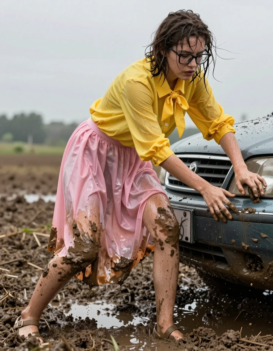 A photorealistic medium shot of a young adult European woman with a nerdy look, wearing thick-rimmed glasses and her hair damp and straggly from the elements. She is dressed in an oversized yellow men's buttoned-down shirt featuring a bowtie, paired with a long silk pink skirt that is heavy, clinging, and translucent from being drenched in mud and water. She wears simple sandals on her feet. The fabric of the shirt and skirt is visibly soaking wet, dark, and saturated with deep, uneven water stains and heavy folds. She is positioned in a muddy field, leaning forward with intense effort, her hands pressed against the bumper of a car stuck in deep, thick mud. Her skin has a slick, wet sheen, and her clothes are plastered to her body by moisture. The environment is overcast and dreary, with thick mud splattered across her legs and the hem of her skirt. High-detail photography, cinematic lighting, realistic wet texture, water-logged fabric, gritty atmosphere, sharp focus on the struggle and the saturated, mud-caked materials.