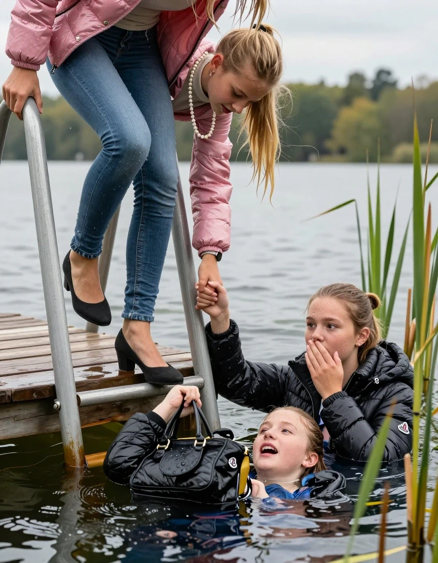 photo of young woman, in soaking wet, drenched clothes,
Heels, Completely soaked tight skinny jeans, Moncler pink shiny Puffer down jacket, Tight turtleneck sweater belly free, handbag, pearl necklace, bracelet, wristwatch , Three Girls on a wooden bathing platform with a bathing ladder on a beautiful lake. The girls smiles with a sense of adventure and climbs half submerged the ladder into the water. The water reaches up to her chest., 
enjoying, wet clothes stuck to body,
detailed textures of the wet clothes, wet face, wet plastered hair,
wet, drenched, professional, high-quality details, full body view.
sharp focus, ultra-high pixel detail, realistic, high-quality, full colors, incredibly detailed, 4k, 8k, 16k, hyper-realistic, RAW photo, masterpiece, ultra-detailed, professionally color graded, professional photograph, Blond sleek long straight hair, sleek ponytail 

15 years old  teenage girl

Laying her breast on the surface.  Looking slightly away. Hold her hand over her mouth and nose.

One Girl inside the water with a black moncler puffer shiny down jacket and one hand on her mouth, hold with the other the viewer's hand, pulling them she is completely underwater up to her neck, afraid and astonished expression. 

She hides in the reeds.

her submerged clothes are hardly vusible under water, she soaked her handbag into the water. The Girls wear different clothes. 

close up view, wet skin, wet clothes, wet hair, damp fabric, water runs down the clothes, wet skin, wet clothes, damp fabric, wet skin, wet clothes, damp fabric, wet skin, wet clothes, damp fabric, wet skin, wet clothes, damp fabric, wet skin, wet clothes, damp fabric, wet skin, wet clothes, damp fabric, wet skin, wet clothes, damp fabric, wet skin, wet clothes, damp fabric, wet skin, wet clothes, damp fabric, wet skin, wet clothes, damp fabric, wet skin, wet clothes, damp fabric, wet skin, wet clothes, damp fabric, wet skin, wet clothes, damp fabric, wet skin, wet clothes, damp fabric, wet skin, wet clothes, damp fabric, wet skin, wet clothes, damp fabric, wet skin, wet clothes, damp fabric, wet skin, wet clothes, damp fabric, wet skin, wet clothes, damp fabric, wet skin, wet clothes, damp fabric