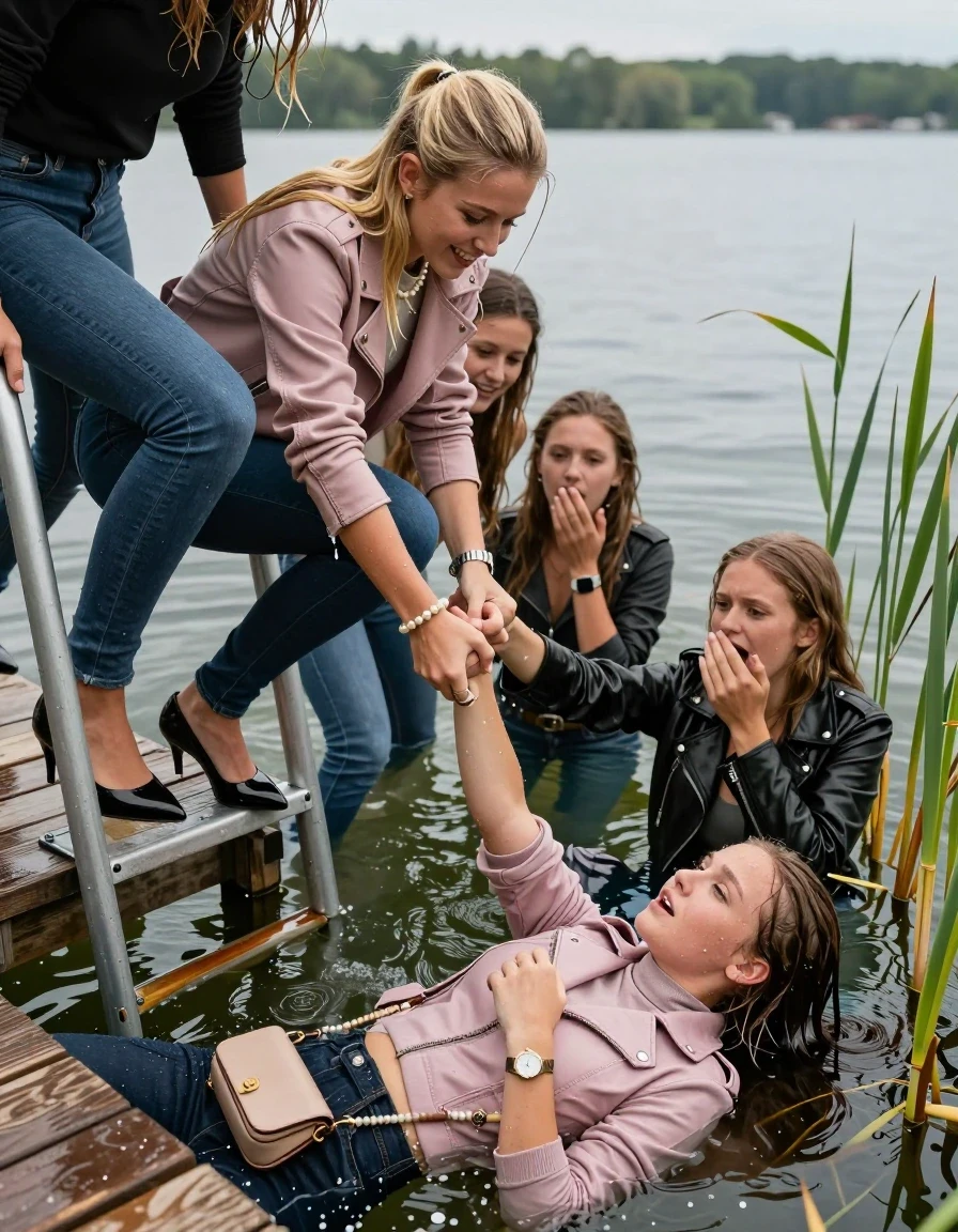 photo of young woman, in soaking wet, drenched clothes,
Heels, Completely soaked tight skinny jeans , Light pink or black biker leatherjacket, Tight turtleneck sweater belly free, handbag, pearl necklace, bracelet, wristwatch , Group of Girls with a hand on her mouth on a wooden bathing platform with a bathing ladder on a beautiful lake. The girls smiles with a sense of adventure and climbs the ladder already half submerged into the water. The water reaches up to her chest. , 
enjoying, wet clothes stuck to body,
detailed textures of the wet clothes, wet face, wet plastered hair,
wet, drenched, professional, high-quality details, full body view.
sharp focus, ultra-high pixel detail, realistic, high-quality, full colors, incredibly detailed, 4k, 8k, 16k, hyper-realistic, RAW photo, masterpiece, ultra-detailed, professionally color graded, professional photograph, Different hair styles, Blonde sleek long straight hair or sleek ponytail

19 years old  teenage girl

Laying her breast on the surface.  Looking slightly away.

One Girl inside the water with a biker leatherjacket and one hand on her mouth, hold with the other the viewer's hand, pulling them she is completely underwater up to her neck, afraid and astonished expression. 

She hides in the reeds.

her submerged clothes are hardly vusible under water, she soaked her handbag into the water. The Girls wear different clothes. 

close up view, wet skin, wet clothes, wet hair, damp fabric, water runs down the clothes, wet skin, wet clothes, damp fabric, wet skin, wet clothes, damp fabric, wet skin, wet clothes, damp fabric, wet skin, wet clothes, damp fabric, wet skin, wet clothes, damp fabric, wet skin, wet clothes, damp fabric, wet skin, wet clothes, damp fabric, wet skin, wet clothes, damp fabric, wet skin, wet clothes, damp fabric, wet skin, wet clothes, damp fabric, wet skin, wet clothes, damp fabric, wet skin, wet clothes, damp fabric, wet skin, wet clothes, damp fabric, wet skin, wet clothes, damp fabric, wet skin, wet clothes, damp fabric, wet skin, wet clothes, damp fabric, wet skin, wet clothes, damp fabric, wet skin, wet clothes, damp fabric, wet skin, wet clothes, damp fabric, wet skin, wet clothes, damp fabric, wet skin, wet clothes, damp fabric
