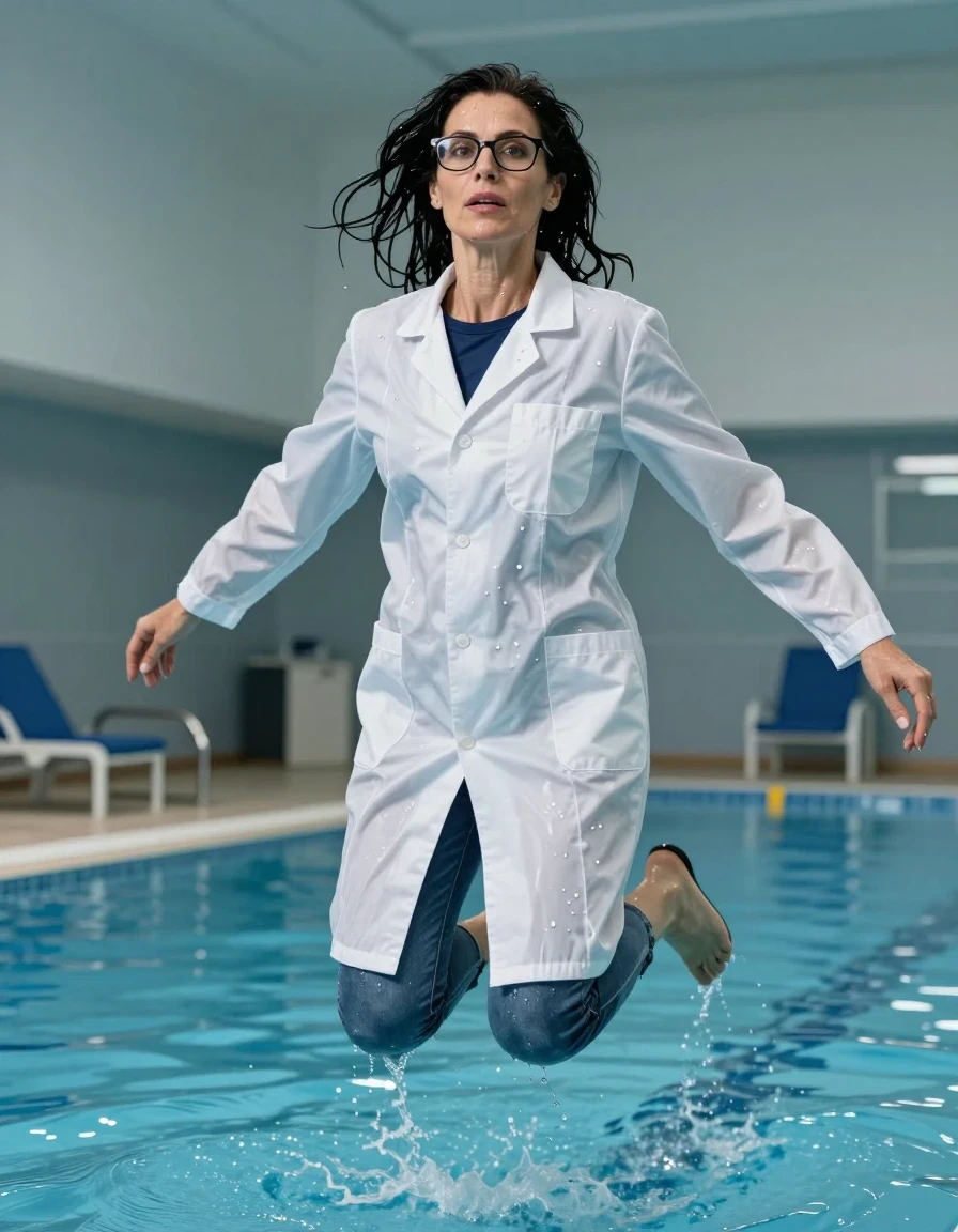 photo of young woman, in soaking wet, drenched clothes,
shoes, blue jeans, dark blue t-shirt over clinging, maxi white labcoat, jumping in indoor swimming pool, enjoying wet clothes stuck body, enjoying, wet clothes stuck to body, 
enjoying, wet clothes stuck to body,
detailed textures of the wet clothes, wet face, wet plastered hair,
wet, drenched, professional, high-quality details, full body view.
sharp focus, ultra-high pixel detail, realistic, high-quality, full colors, incredibly detailed, 4k, 8k, 16k, hyper-realistic, RAW photo, masterpiece, ultra-detailed, professionally color graded, professional photograph, europen brunette skinny woman 50 years old, long dark black hair, office glasses, very big and thick lips, complete body, wet skin, wet clothes, damp fabric, wet skin, wet clothes, damp fabric, wet skin, wet clothes, damp fabric, wet skin, wet clothes, damp fabric, wet skin, wet clothes, damp fabric, wet skin, wet clothes, damp fabric
