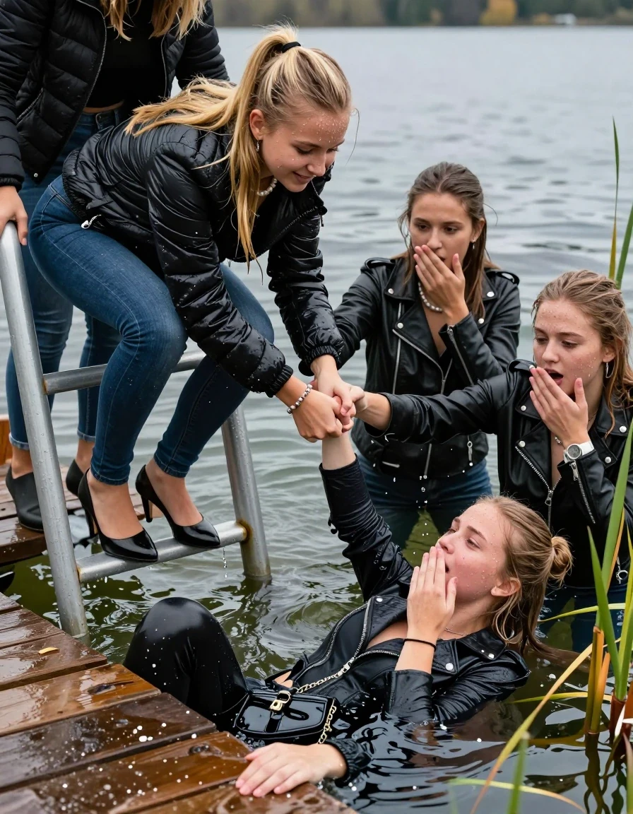 photo of young woman, in soaking wet, drenched clothes,
Heels, Completely soaked tight skinny jeans , Moncler shiny puffer down jacket, Tight turtleneck sweater belly free, handbag, pearl necklace, bracelet, wristwatch , Group of Girls with a hand on her mouth on a wooden bathing platform with a bathing ladder on a beautiful lake. The girls smiles with a sense of adventure and climbs the ladder already half submerged into the water. The water reaches up to her chest. , 
enjoying, wet clothes stuck to body,
detailed textures of the wet clothes, wet face, wet plastered hair,
wet, drenched, professional, high-quality details, full body view.
sharp focus, ultra-high pixel detail, realistic, high-quality, full colors, incredibly detailed, 4k, 8k, 16k, hyper-realistic, RAW photo, masterpiece, ultra-detailed, professionally color graded, professional photograph, Different hair styles, Blonde sleek long straight hair or sleek ponytail

19 years old  teenage girl

Laying her breast on the surface.  Looking slightly away.

One Girl inside the water with a biker leatherjacket and one hand on her mouth, hold with the other the viewer's hand, pulling them she is completely underwater up to her neck, afraid and astonished expression. 

She hides in the reeds.

her submerged clothes are hardly vusible under water, she soaked her handbag into the water. The Girls wear different clothes. 

close up view, wet skin, wet clothes, wet hair, damp fabric, water runs down the clothes, wet skin, wet clothes, damp fabric, wet skin, wet clothes, damp fabric, wet skin, wet clothes, damp fabric, wet skin, wet clothes, damp fabric, wet skin, wet clothes, damp fabric, wet skin, wet clothes, damp fabric, wet skin, wet clothes, damp fabric, wet skin, wet clothes, damp fabric, wet skin, wet clothes, damp fabric, wet skin, wet clothes, damp fabric, wet skin, wet clothes, damp fabric, wet skin, wet clothes, damp fabric, wet skin, wet clothes, damp fabric, wet skin, wet clothes, damp fabric, wet skin, wet clothes, damp fabric, wet skin, wet clothes, damp fabric, wet skin, wet clothes, damp fabric, wet skin, wet clothes, damp fabric, wet skin, wet clothes, damp fabric, wet skin, wet clothes, damp fabric