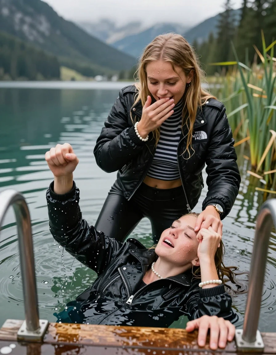 photo of young woman, in soaking wet, drenched clothes,
, Black leatherleggings , Black Puffer down jacket from north face, Tight striped turtleneck sweater belly free, handbag, pearl necklace, bracelet, wristwatch , on a wooden bathing platform with a bathing ladder on a beautiful mountain lake. The woman smiles with a sense of adventure and climbs the ladder into the water. The water reaches up to her chest., 
enjoying, wet clothes stuck to body,
detailed textures of the wet clothes, wet face, wet plastered hair,
wet, drenched, professional, high-quality details, full body view.
sharp focus, ultra-high pixel detail, realistic, high-quality, full colors, incredibly detailed, 4k, 8k, 16k, hyper-realistic, RAW photo, masterpiece, ultra-detailed, professionally color graded, professional photograph, Blond sleek long straight hair

19 years old  teenage girl

Laying her breast on the surface.  Looking slightly away. Hold her hand over mouth.

One Girl inside the water with a black biker leatherjacket and one hand on her mouth, hold with the other the viewer's hand, pulling them she is completely underwater up to her neck, afraid and astonished expression. 

She hides in the reeds.

her submerged clothes are hardly vusible under water, she soaked her handbag into the water. The Girls wear different clothes. 

close up view, wet skin, wet clothes, wet hair, damp fabric, water runs down the clothes, wet skin, wet clothes, damp fabric, wet skin, wet clothes, damp fabric, wet skin, wet clothes, damp fabric, wet skin, wet clothes, damp fabric, wet skin, wet clothes, damp fabric, wet skin, wet clothes, damp fabric, wet skin, wet clothes, damp fabric, wet skin, wet clothes, damp fabric, wet skin, wet clothes, damp fabric, wet skin, wet clothes, damp fabric, wet skin, wet clothes, damp fabric, wet skin, wet clothes, damp fabric, wet skin, wet clothes, damp fabric, wet skin, wet clothes, damp fabric, wet skin, wet clothes, damp fabric, wet skin, wet clothes, damp fabric, wet skin, wet clothes, damp fabric, wet skin, wet clothes, damp fabric, wet skin, wet clothes, damp fabric