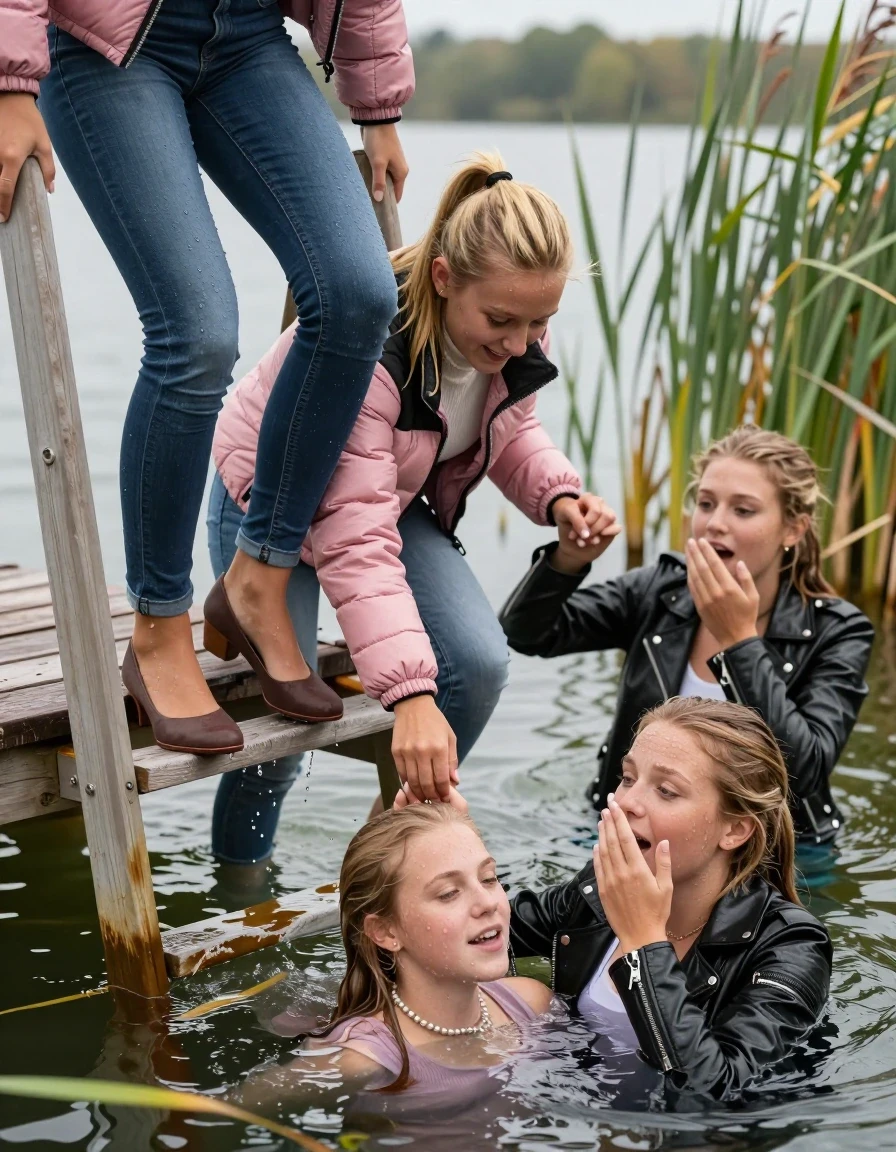 photo of young woman, in soaking wet, drenched clothes,
Heels, Completely soaked tight skinny jeans, Pink Puffer down jacket from north face, Tight turtleneck sweater belly free, handbag, pearl necklace, bracelet, wristwatch , Three Girls on a wooden bathing platform with a bathing ladder on a beautiful lake. The girls smiles with a sense of adventure and climbs the ladder into the water. The water reaches up to her chin., 
enjoying, wet clothes stuck to body,
detailed textures of the wet clothes, wet face, wet plastered hair,
wet, drenched, professional, high-quality details, full body view.
sharp focus, ultra-high pixel detail, realistic, high-quality, full colors, incredibly detailed, 4k, 8k, 16k, hyper-realistic, RAW photo, masterpiece, ultra-detailed, professionally color graded, professional photograph, Blond sleek long straight hair, sleek ponytail 

19 years old  teenage girl

Laying her breast on the surface.  Looking slightly away. Hold her hand over mouth.

One Girl inside the water with a black biker leatherjacket and one hand on her mouth, hold with the other the viewer's hand, pulling them she is completely underwater up to her neck, afraid and astonished expression. 

She hides in the reeds.

her submerged clothes are hardly vusible under water, she soaked her handbag into the water. The Girls wear different clothes. 

close up view, wet skin, wet clothes, wet hair, damp fabric, water runs down the clothes, wet skin, wet clothes, damp fabric, wet skin, wet clothes, damp fabric, wet skin, wet clothes, damp fabric, wet skin, wet clothes, damp fabric, wet skin, wet clothes, damp fabric, wet skin, wet clothes, damp fabric, wet skin, wet clothes, damp fabric, wet skin, wet clothes, damp fabric, wet skin, wet clothes, damp fabric, wet skin, wet clothes, damp fabric, wet skin, wet clothes, damp fabric, wet skin, wet clothes, damp fabric, wet skin, wet clothes, damp fabric, wet skin, wet clothes, damp fabric, wet skin, wet clothes, damp fabric, wet skin, wet clothes, damp fabric, wet skin, wet clothes, damp fabric, wet skin, wet clothes, damp fabric, wet skin, wet clothes, damp fabric