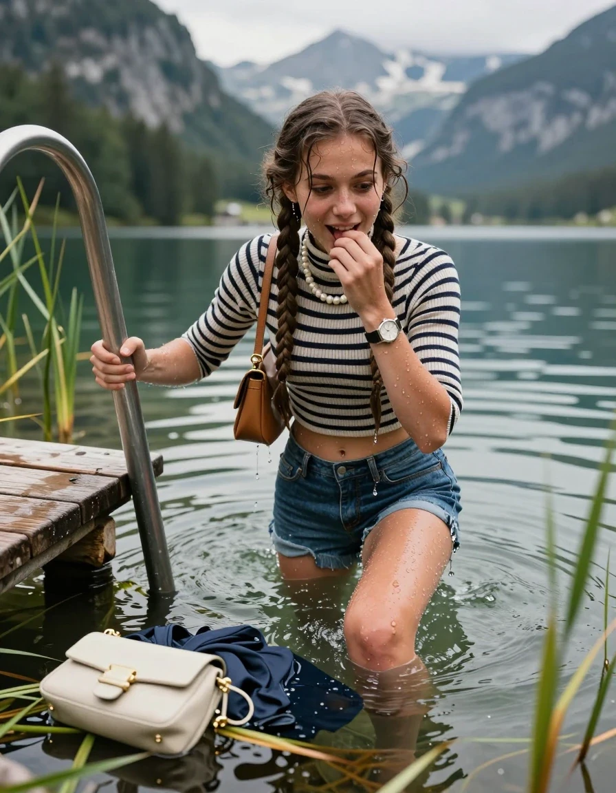 photo of young woman, in soaking wet, drenched clothes,
, mini Jeans Short, Tight striped turtleneck sweater belly free, handbag, pearl necklace, bracelet, wristwatch , on a wooden bathing platform with a bathing ladder on a beautiful mountain lake. The woman smiles with a sense of adventure and climbs the ladder into the water. The water reaches up to her chest., 
enjoying, wet clothes stuck to body,
detailed textures of the wet clothes, wet face, wet plastered hair,
wet, drenched, professional, high-quality details, full body view.
sharp focus, ultra-high pixel detail, realistic, high-quality, full colors, incredibly detailed, 4k, 8k, 16k, hyper-realistic, RAW photo, masterpiece, ultra-detailed, professionally color graded, professional photograph, Two long braids

19 years old  teenage girl

Laying her breast on the surface.  Looking slightly away. Hold her hand over mouth.

One Girl inside the water 0ne hand with a finger at her tongue  inside her mouth, hold with the other the viewer's hand, pulling them she is completely underwater up to her neck, afraid and astonished expression. 

She hides in the reeds.

her submerged clothes are hardly vusible under water, she soaked her handbag into the water

close up view, wet skin, wet clothes, wet hair, damp fabric, water runs down the clothes, wet skin, wet clothes, damp fabric, wet skin, wet clothes, damp fabric, wet skin, wet clothes, damp fabric, wet skin, wet clothes, damp fabric, wet skin, wet clothes, damp fabric, wet skin, wet clothes, damp fabric, wet skin, wet clothes, damp fabric, wet skin, wet clothes, damp fabric, wet skin, wet clothes, damp fabric, wet skin, wet clothes, damp fabric, wet skin, wet clothes, damp fabric, wet skin, wet clothes, damp fabric, wet skin, wet clothes, damp fabric, wet skin, wet clothes, damp fabric, wet skin, wet clothes, damp fabric, wet skin, wet clothes, damp fabric, wet skin, wet clothes, damp fabric, wet skin, wet clothes, damp fabric