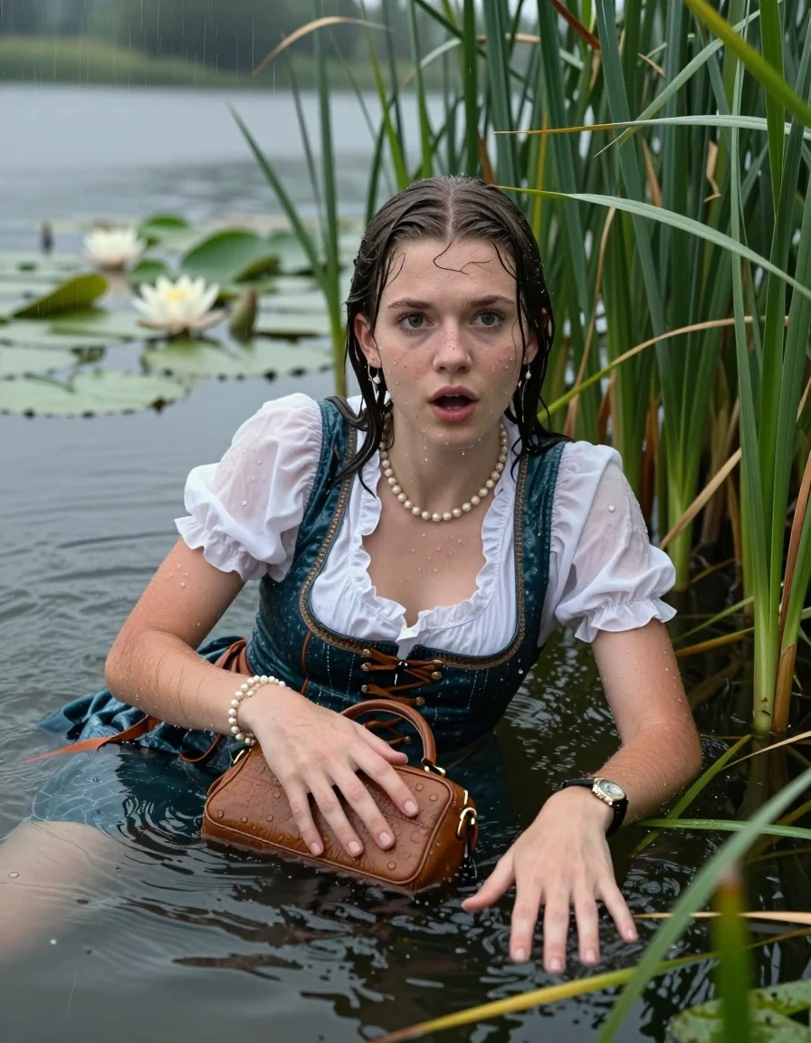 photo of young woman, in soaking wet, drenched clothes,
, , Short Dirndl, handbag, pearl necklace, bracelet, wristwatch , Emerging after diving in a lake with water lilies and reeds, rain , 
enjoying, wet clothes stuck to body,
detailed textures of the wet clothes, wet face, wet plastered hair,
wet, drenched, professional, high-quality details, full body view.
sharp focus, ultra-high pixel detail, realistic, high-quality, full colors, incredibly detailed, 4k, 8k, 16k, hyper-realistic, RAW photo, masterpiece, ultra-detailed, professionally color graded, professional photograph, Sleek long straight hair 

19 years old  teenage girl

Laying her breast on the surface.  Looking at camera.

she is completely underwater up to her neck, stupified shocked expression. 

She hides in the reeds and is surprised by spectators

her submerged clothes are hardly vusible under water, she soaked her handbag into the water

close up view, wet skin, wet clothes, wet hair, damp fabric, water runs down the clothes, wet skin, wet clothes, damp fabric, wet skin, wet clothes, damp fabric, wet skin, wet clothes, damp fabric, wet skin, wet clothes, damp fabric, wet skin, wet clothes, damp fabric, wet skin, wet clothes, damp fabric, wet skin, wet clothes, damp fabric, wet skin, wet clothes, damp fabric, wet skin, wet clothes, damp fabric, wet skin, wet clothes, damp fabric, wet skin, wet clothes, damp fabric, wet skin, wet clothes, damp fabric, wet skin, wet clothes, damp fabric, wet skin, wet clothes, damp fabric, wet skin, wet clothes, damp fabric, wet skin, wet clothes, damp fabric, wet skin, wet clothes, damp fabric