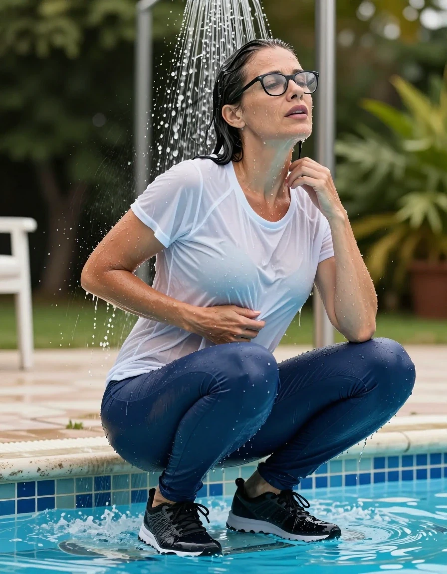 photo of young woman, in soaking wet, drenched clothes,
sport shoes, blue jeans, white t-shirt over clinging, taking shower after swim in outdoor swimming pool, enjoying wet clothes stuck body, enjoying, wet clothes stuck to body, 
enjoying, wet clothes stuck to body,
detailed textures of the wet clothes, wet face, wet plastered hair,
wet, drenched, professional, high-quality details, full body view.
sharp focus, ultra-high pixel detail, realistic, high-quality, full colors, incredibly detailed, 4k, 8k, 16k, hyper-realistic, RAW photo, masterpiece, ultra-detailed, professionally color graded, professional photograph, europen brunette skinny woman 50 years old, long dark black hair, very big and thick lips,  office glasses, complete body, wet skin, wet clothes, damp fabric, wet skin, wet clothes, damp fabric, wet skin, wet clothes, damp fabric, wet skin, wet clothes, damp fabric, wet skin, wet clothes, damp fabric, wet skin, wet clothes, damp fabric