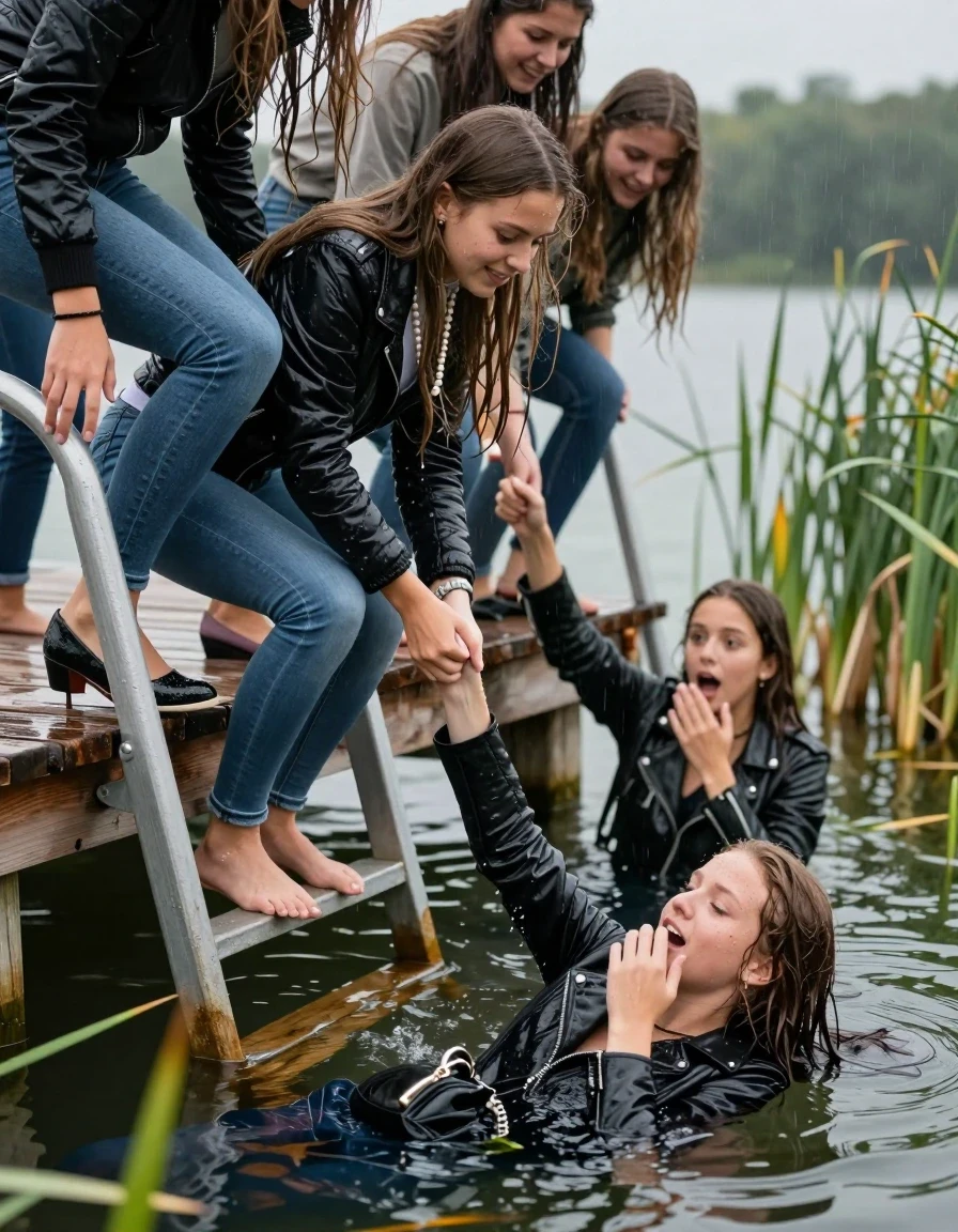 photo of young woman, in soaking wet, drenched clothes,
Heels, Completely soaked tight skinny jeans , Moncler shiny puffer down jacket, Tight turtleneck sweater belly free, handbag, pearl necklace, bracelet, wristwatch , Group of Girls on a wooden bathing platform with a bathing ladder on a beautiful lake. The girls smiles with a sense of adventure and climbs the ladder already half submerged into the water. The water reaches up to her chest. Heavy Rain. , 
enjoying, wet clothes stuck to body,
detailed textures of the wet clothes, wet face, wet plastered hair,
wet, drenched, professional, high-quality details, full body view.
sharp focus, ultra-high pixel detail, realistic, high-quality, full colors, incredibly detailed, 4k, 8k, 16k, hyper-realistic, RAW photo, masterpiece, ultra-detailed, professionally color graded, professional photograph, sleek long straight hair

19 years old  teenage girl

Laying her breast on the surface.  Looking slightly away.

One Girl inside the water with a biker leatherjacket and one hand on her mouth, hold with the other the viewer's hand, pulling them she is completely underwater up to her neck, afraid and astonished expression. 

She hides in the reeds.

her submerged clothes are hardly vusible under water, she soaked her handbag into the water. The Girls wear different clothes. 

close up view, wet skin, wet clothes, wet hair, damp fabric, water runs down the clothes, wet skin, wet clothes, damp fabric, wet skin, wet clothes, damp fabric, wet skin, wet clothes, damp fabric, wet skin, wet clothes, damp fabric, wet skin, wet clothes, damp fabric, wet skin, wet clothes, damp fabric, wet skin, wet clothes, damp fabric, wet skin, wet clothes, damp fabric, wet skin, wet clothes, damp fabric, wet skin, wet clothes, damp fabric, wet skin, wet clothes, damp fabric, wet skin, wet clothes, damp fabric, wet skin, wet clothes, damp fabric, wet skin, wet clothes, damp fabric, wet skin, wet clothes, damp fabric, wet skin, wet clothes, damp fabric, wet skin, wet clothes, damp fabric, wet skin, wet clothes, damp fabric, wet skin, wet clothes, damp fabric, wet skin, wet clothes, damp fabric