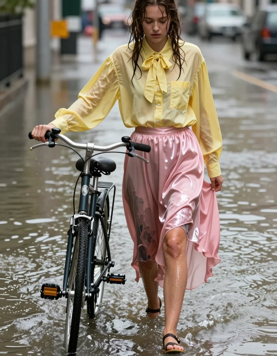 A photorealistic full-body shot of a young adult European woman with a nerdy aesthetic, pushing a bicycle through flooded city streets. She wears an oversized yellow men's buttoned-down shirt with a bowtie and a long, flowing silk pink skirt. The fabric of the silk skirt is soaking wet, clinging to her legs with deep, dark, translucent patches, heavy wet folds, and a high-sheen liquid gloss. She is wearing sandals that are submerged in the murky, rippling floodwater. Her hair is damp and plastered to her face, and her skin has a realistic wet, dewy sheen. The scene is captured at eye level, highlighting the interplay of light on the water's surface and the saturated, darkened fabrics. Cinematic lighting, sharp focus on textures, 8k resolution, highly detailed wet skin and fabric physics, realistic water displacement around her legs and the bicycle tires.