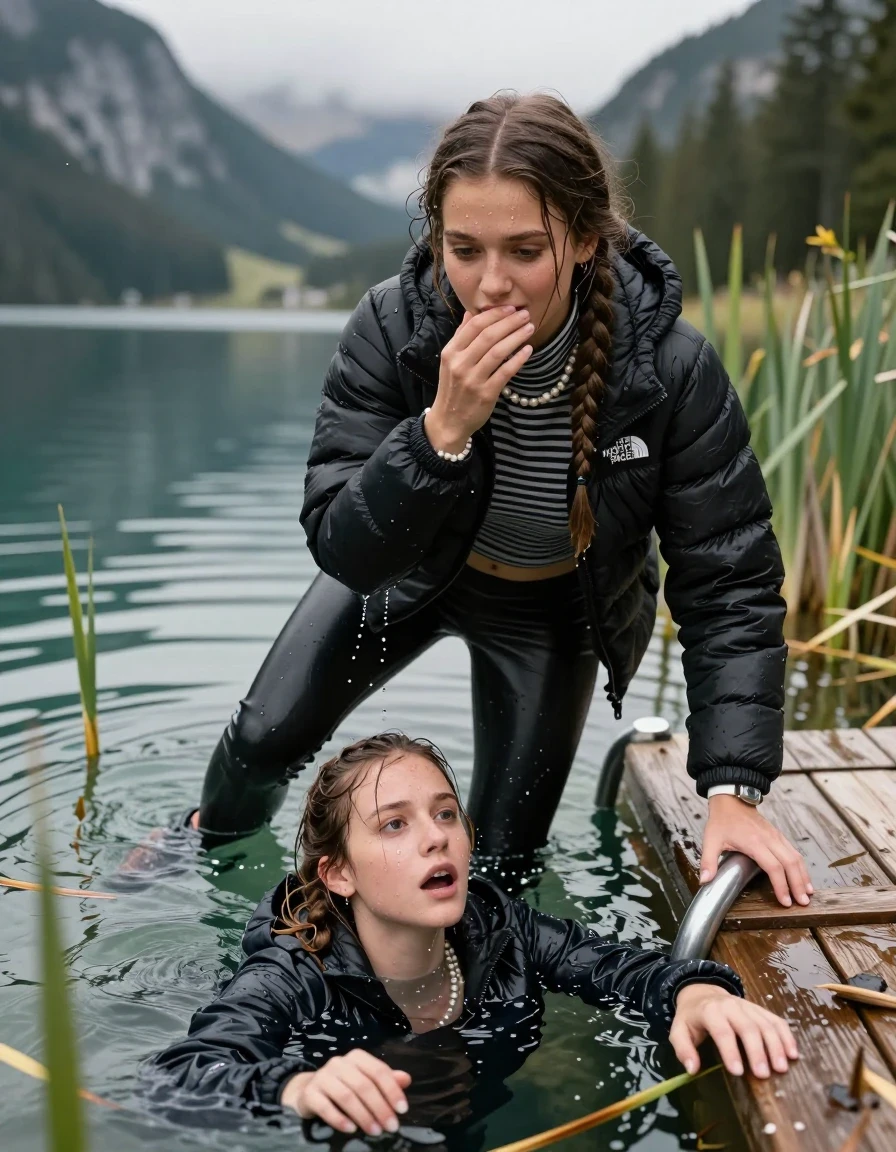 photo of young woman, in soaking wet, drenched clothes,
, Black leatherleggings , Black Puffer down jacket from north face, Tight striped turtleneck sweater belly free, handbag, pearl necklace, bracelet, wristwatch , on a wooden bathing platform with a bathing ladder on a beautiful mountain lake. The woman smiles with a sense of adventure and climbs the ladder into the water. The water reaches up to her chest., 
enjoying, wet clothes stuck to body,
detailed textures of the wet clothes, wet face, wet plastered hair,
wet, drenched, professional, high-quality details, full body view.
sharp focus, ultra-high pixel detail, realistic, high-quality, full colors, incredibly detailed, 4k, 8k, 16k, hyper-realistic, RAW photo, masterpiece, ultra-detailed, professionally color graded, professional photograph, Two long braids

19 years old  teenage girl

Laying her breast on the surface.  Looking slightly away. Hold her hand over mouth.

One Girl inside the water 0ne hand on her mouth, hold with the other the viewer's hand, pulling them she is completely underwater up to her neck, afraid and astonished expression. 

She hides in the reeds.

her submerged clothes are hardly vusible under water, she soaked her handbag into the water. The Girls wear different clothes. 

close up view, wet skin, wet clothes, wet hair, damp fabric, water runs down the clothes, wet skin, wet clothes, damp fabric, wet skin, wet clothes, damp fabric, wet skin, wet clothes, damp fabric, wet skin, wet clothes, damp fabric, wet skin, wet clothes, damp fabric, wet skin, wet clothes, damp fabric, wet skin, wet clothes, damp fabric, wet skin, wet clothes, damp fabric, wet skin, wet clothes, damp fabric, wet skin, wet clothes, damp fabric, wet skin, wet clothes, damp fabric, wet skin, wet clothes, damp fabric, wet skin, wet clothes, damp fabric, wet skin, wet clothes, damp fabric, wet skin, wet clothes, damp fabric, wet skin, wet clothes, damp fabric, wet skin, wet clothes, damp fabric, wet skin, wet clothes, damp fabric