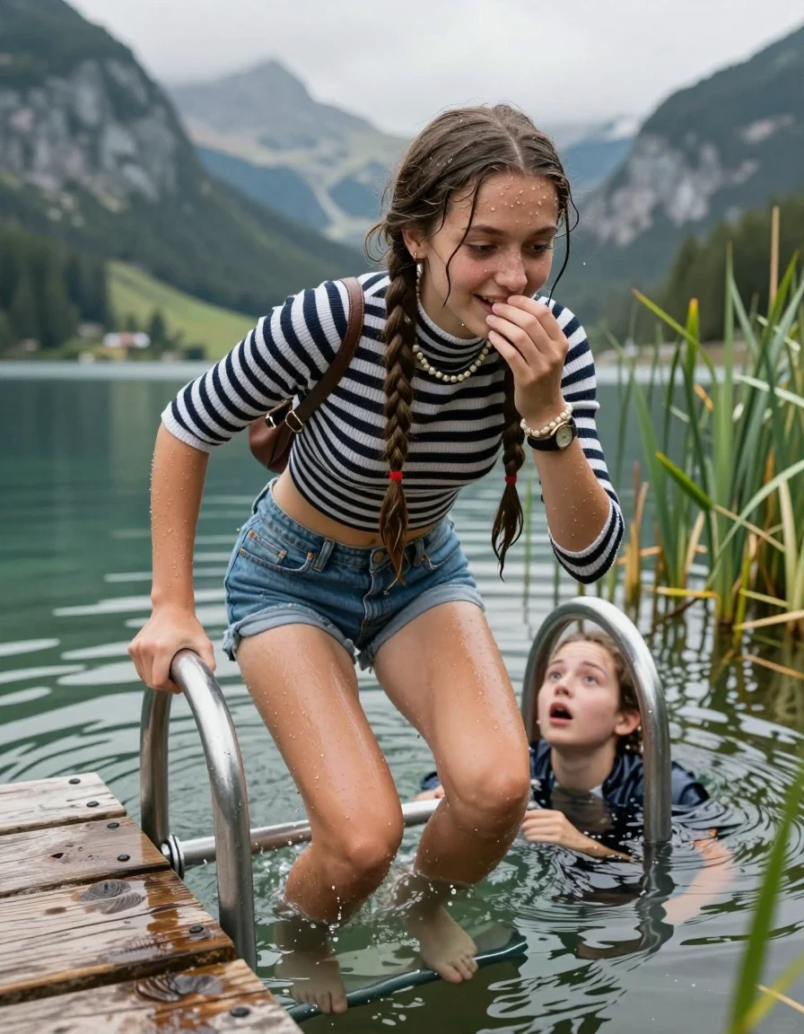 photo of young woman, in soaking wet, drenched clothes,
, mini Jeans Short, Tight striped turtleneck sweater belly free, handbag, pearl necklace, bracelet, wristwatch , on a wooden bathing platform with a bathing ladder on a beautiful mountain lake. The woman smiles with a sense of adventure and climbs the ladder into the water. The water reaches up to her chest., 
enjoying, wet clothes stuck to body,
detailed textures of the wet clothes, wet face, wet plastered hair,
wet, drenched, professional, high-quality details, full body view.
sharp focus, ultra-high pixel detail, realistic, high-quality, full colors, incredibly detailed, 4k, 8k, 16k, hyper-realistic, RAW photo, masterpiece, ultra-detailed, professionally color graded, professional photograph, Two long braids

15 years old  teenage girl

Laying her breast on the surface.  Looking slightly away. Hold her hand over mouth.

she is completely underwater up to her neck, afraid and astonished expression. 

She hides in the reeds and is surprised by spectators

her submerged clothes are hardly vusible under water, she soaked her handbag into the water

close up view, wet skin, wet clothes, wet hair, damp fabric, water runs down the clothes, wet skin, wet clothes, damp fabric, wet skin, wet clothes, damp fabric, wet skin, wet clothes, damp fabric, wet skin, wet clothes, damp fabric, wet skin, wet clothes, damp fabric, wet skin, wet clothes, damp fabric, wet skin, wet clothes, damp fabric, wet skin, wet clothes, damp fabric, wet skin, wet clothes, damp fabric, wet skin, wet clothes, damp fabric, wet skin, wet clothes, damp fabric, wet skin, wet clothes, damp fabric, wet skin, wet clothes, damp fabric, wet skin, wet clothes, damp fabric, wet skin, wet clothes, damp fabric, wet skin, wet clothes, damp fabric, wet skin, wet clothes, damp fabric