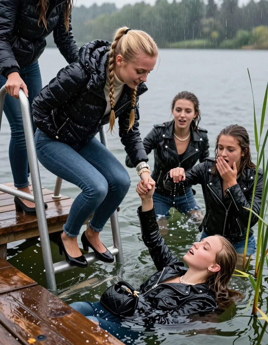 photo of young woman, in soaking wet, drenched clothes,
Heels, Completely soaked tight skinny jeans , Moncler shiny puffer down jacket, Tight turtleneck sweater belly free, handbag, pearl necklace, bracelet, wristwatch , Group of Girls on a wooden bathing platform with a bathing ladder on a beautiful lake. The girls smiles with a sense of adventure and climbs the ladder already half submerged into the water. The water reaches up to her chest. Heavy Rain. , 
enjoying, wet clothes stuck to body,
detailed textures of the wet clothes, wet face, wet plastered hair,
wet, drenched, professional, high-quality details, full body view.
sharp focus, ultra-high pixel detail, realistic, high-quality, full colors, incredibly detailed, 4k, 8k, 16k, hyper-realistic, RAW photo, masterpiece, ultra-detailed, professionally color graded, professional photograph, Blonde sleek long straight hair, sleek ponytail, two long braids

19 years old  teenage girl

Laying her breast on the surface.  Looking slightly away.

One Girl inside the water with a biker leatherjacket and one hand on her mouth, hold with the other the viewer's hand, pulling them she is completely underwater up to her neck, afraid and astonished expression. 

She hides in the reeds.

her submerged clothes are hardly vusible under water, she soaked her handbag into the water. The Girls wear different clothes. 

close up view, wet skin, wet clothes, wet hair, damp fabric, water runs down the clothes, wet skin, wet clothes, damp fabric, wet skin, wet clothes, damp fabric, wet skin, wet clothes, damp fabric, wet skin, wet clothes, damp fabric, wet skin, wet clothes, damp fabric, wet skin, wet clothes, damp fabric, wet skin, wet clothes, damp fabric, wet skin, wet clothes, damp fabric, wet skin, wet clothes, damp fabric, wet skin, wet clothes, damp fabric, wet skin, wet clothes, damp fabric, wet skin, wet clothes, damp fabric, wet skin, wet clothes, damp fabric, wet skin, wet clothes, damp fabric, wet skin, wet clothes, damp fabric, wet skin, wet clothes, damp fabric, wet skin, wet clothes, damp fabric, wet skin, wet clothes, damp fabric, wet skin, wet clothes, damp fabric, wet skin, wet clothes, damp fabric