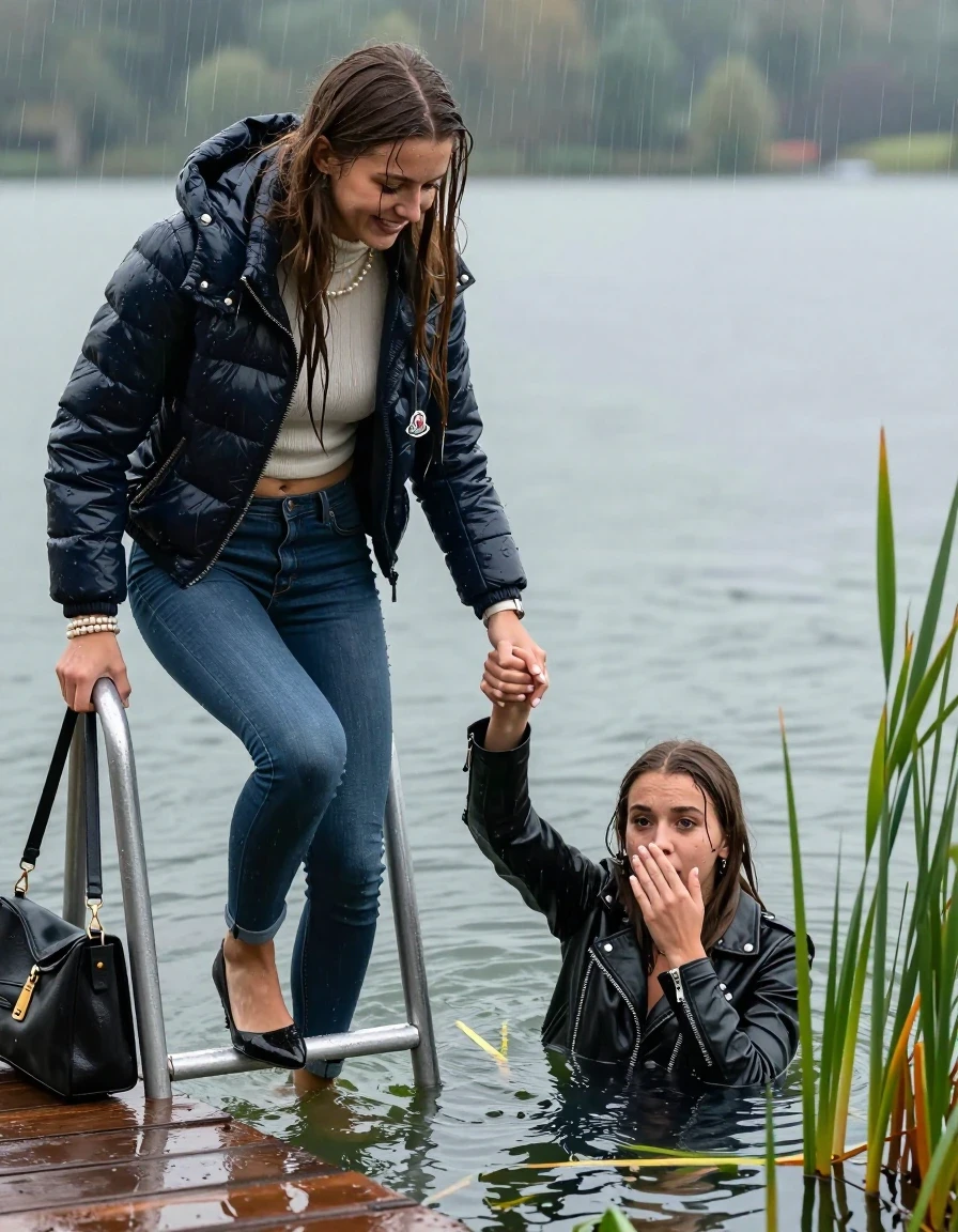 photo of young woman, in soaking wet, drenched clothes,
Heels, Completely soaked tight skinny jeans , Moncler shiny puffer down jacket, Tight turtleneck sweater belly free, handbag, pearl necklace, bracelet, wristwatch , Two Girls on a wooden bathing platform with a bathing ladder on a beautiful lake. The girls smiles with a sense of adventure and climbs the ladder already half submerged into the water. The water reaches up to her chest. Heavy Rain. , 
enjoying, wet clothes stuck to body,
detailed textures of the wet clothes, wet face, wet plastered hair,
wet, drenched, professional, high-quality details, full body view.
sharp focus, ultra-high pixel detail, realistic, high-quality, full colors, incredibly detailed, 4k, 8k, 16k, hyper-realistic, RAW photo, masterpiece, ultra-detailed, professionally color graded, professional photograph, sleek long straight hair

19 years old  teenage girl

One Girl inside the water with a biker leatherjacket and one hand on her mouth, hold with the other the viewer's hand, pulling them she is completely underwater up to her neck, afraid and astonished expression. 

She hides in the reeds.

her submerged clothes are hardly vusible under water, she soaked her handbag into the water. The Girls wear different clothes. 

close up view, wet skin, wet clothes, wet hair, damp fabric, water runs down the clothes, wet skin, wet clothes, damp fabric, wet skin, wet clothes, damp fabric, wet skin, wet clothes, damp fabric, wet skin, wet clothes, damp fabric, wet skin, wet clothes, damp fabric, wet skin, wet clothes, damp fabric, wet skin, wet clothes, damp fabric, wet skin, wet clothes, damp fabric, wet skin, wet clothes, damp fabric, wet skin, wet clothes, damp fabric, wet skin, wet clothes, damp fabric, wet skin, wet clothes, damp fabric, wet skin, wet clothes, damp fabric, wet skin, wet clothes, damp fabric, wet skin, wet clothes, damp fabric, wet skin, wet clothes, damp fabric, wet skin, wet clothes, damp fabric, wet skin, wet clothes, damp fabric, wet skin, wet clothes, damp fabric