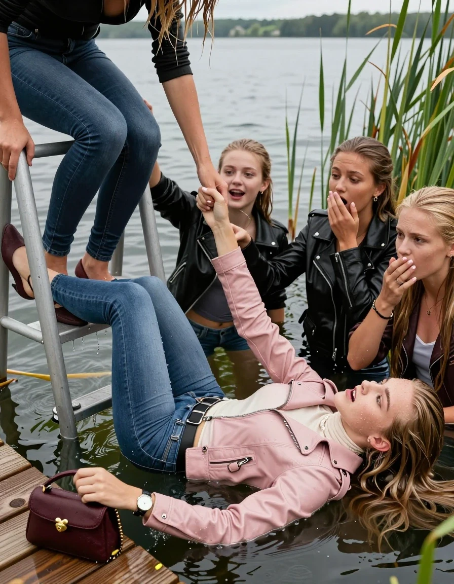 photo of young woman, in soaking wet, drenched clothes,
Heels, Completely soaked tight skinny jeans , Light pink or black biker leatherjacket, Tight turtleneck sweater belly free, handbag, pearl necklace, bracelet, wristwatch , Group of Girls with a hand on her mouth on a wooden bathing platform with a bathing ladder on a beautiful lake. The girls smiles with a sense of adventure and climbs the ladder already half submerged into the water. The water reaches up to her chest. , 
enjoying, wet clothes stuck to body,
detailed textures of the wet clothes, wet face, wet plastered hair,
wet, drenched, professional, high-quality details, full body view.
sharp focus, ultra-high pixel detail, realistic, high-quality, full colors, incredibly detailed, 4k, 8k, 16k, hyper-realistic, RAW photo, masterpiece, ultra-detailed, professionally color graded, professional photograph, Different hair styles, Blonde sleek long straight hair or sleek ponytail

19 years old  teenage girl

Laying her breast on the surface.  Looking slightly away.

One Girl inside the water with a biker leatherjacket and one hand on her mouth, hold with the other the viewer's hand, pulling them she is completely underwater up to her neck, afraid and astonished expression. 

She hides in the reeds.

her submerged clothes are hardly vusible under water, she soaked her handbag into the water. The Girls wear different clothes. 

close up view, wet skin, wet clothes, wet hair, damp fabric, water runs down the clothes, wet skin, wet clothes, damp fabric, wet skin, wet clothes, damp fabric, wet skin, wet clothes, damp fabric, wet skin, wet clothes, damp fabric, wet skin, wet clothes, damp fabric, wet skin, wet clothes, damp fabric, wet skin, wet clothes, damp fabric, wet skin, wet clothes, damp fabric, wet skin, wet clothes, damp fabric, wet skin, wet clothes, damp fabric, wet skin, wet clothes, damp fabric, wet skin, wet clothes, damp fabric, wet skin, wet clothes, damp fabric, wet skin, wet clothes, damp fabric, wet skin, wet clothes, damp fabric, wet skin, wet clothes, damp fabric, wet skin, wet clothes, damp fabric, wet skin, wet clothes, damp fabric, wet skin, wet clothes, damp fabric, wet skin, wet clothes, damp fabric, wet skin, wet clothes, damp fabric