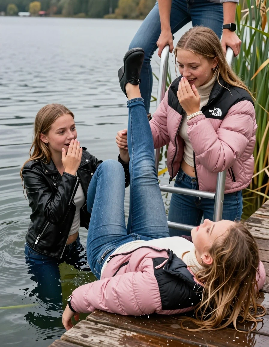 photo of young woman, in soaking wet, drenched clothes,
Heels, Completely soaked tight skinny jeans, Pink Puffer down jacket from north face, Tight turtleneck sweater belly free, handbag, pearl necklace, bracelet, wristwatch , Two Girls on a wooden bathing platform with a bathing ladder on a beautiful lake. The girls smiles with a sense of adventure and climbs the ladder into the water. Her legs are completly inside the water., 
enjoying, wet clothes stuck to body,
detailed textures of the wet clothes, wet face, wet plastered hair,
wet, drenched, professional, high-quality details, full body view.
sharp focus, ultra-high pixel detail, realistic, high-quality, full colors, incredibly detailed, 4k, 8k, 16k, hyper-realistic, RAW photo, masterpiece, ultra-detailed, professionally color graded, professional photograph, Blond sleek long straight hair

15 years old  teenage girl

Laying her breast on the surface.  Looking slightly away. Hold her hand over mouth.

One Girl inside the water with a black biker leatherjacket and one hand on her mouth, hold with the other the viewer's hand, pulling them she is completely underwater up to her neck, afraid and astonished expression. 

She hides in the reeds.

her submerged clothes are hardly vusible under water, she soaked her handbag into the water. The Girls wear different clothes. 

close up view, wet skin, wet clothes, wet hair, damp fabric, water runs down the clothes, wet skin, wet clothes, damp fabric, wet skin, wet clothes, damp fabric, wet skin, wet clothes, damp fabric, wet skin, wet clothes, damp fabric, wet skin, wet clothes, damp fabric, wet skin, wet clothes, damp fabric, wet skin, wet clothes, damp fabric, wet skin, wet clothes, damp fabric, wet skin, wet clothes, damp fabric, wet skin, wet clothes, damp fabric, wet skin, wet clothes, damp fabric, wet skin, wet clothes, damp fabric, wet skin, wet clothes, damp fabric, wet skin, wet clothes, damp fabric, wet skin, wet clothes, damp fabric, wet skin, wet clothes, damp fabric, wet skin, wet clothes, damp fabric, wet skin, wet clothes, damp fabric, wet skin, wet clothes, damp fabric