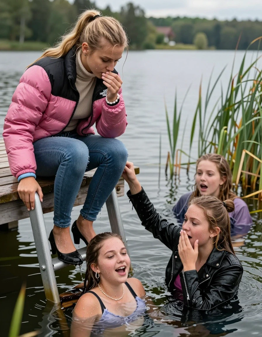 photo of young woman, in soaking wet, drenched clothes,
Heels, Completely soaked tight skinny jeans, Pink Puffer down jacket from north face, Tight turtleneck sweater belly free, handbag, pearl necklace, bracelet, wristwatch , Three Girls on a wooden bathing platform with a bathing ladder on a beautiful lake. The girls smiles with a sense of adventure and climbs the ladder into the water. The water reaches up to her chest., 
enjoying, wet clothes stuck to body,
detailed textures of the wet clothes, wet face, wet plastered hair,
wet, drenched, professional, high-quality details, full body view.
sharp focus, ultra-high pixel detail, realistic, high-quality, full colors, incredibly detailed, 4k, 8k, 16k, hyper-realistic, RAW photo, masterpiece, ultra-detailed, professionally color graded, professional photograph, Blond sleek long straight hair, sleek ponytail 

19 years old  teenage girl

Laying her breast on the surface.  Looking slightly away. Hold her hand over mouth.

One Girl inside the water with a black biker leatherjacket and one hand on her mouth, hold with the other the viewer's hand, pulling them she is completely underwater up to her neck, afraid and astonished expression. 

She hides in the reeds.

her submerged clothes are hardly vusible under water, she soaked her handbag into the water. The Girls wear different clothes. 

close up view, wet skin, wet clothes, wet hair, damp fabric, water runs down the clothes, wet skin, wet clothes, damp fabric, wet skin, wet clothes, damp fabric, wet skin, wet clothes, damp fabric, wet skin, wet clothes, damp fabric, wet skin, wet clothes, damp fabric, wet skin, wet clothes, damp fabric, wet skin, wet clothes, damp fabric, wet skin, wet clothes, damp fabric, wet skin, wet clothes, damp fabric, wet skin, wet clothes, damp fabric, wet skin, wet clothes, damp fabric, wet skin, wet clothes, damp fabric, wet skin, wet clothes, damp fabric, wet skin, wet clothes, damp fabric, wet skin, wet clothes, damp fabric, wet skin, wet clothes, damp fabric, wet skin, wet clothes, damp fabric, wet skin, wet clothes, damp fabric, wet skin, wet clothes, damp fabric