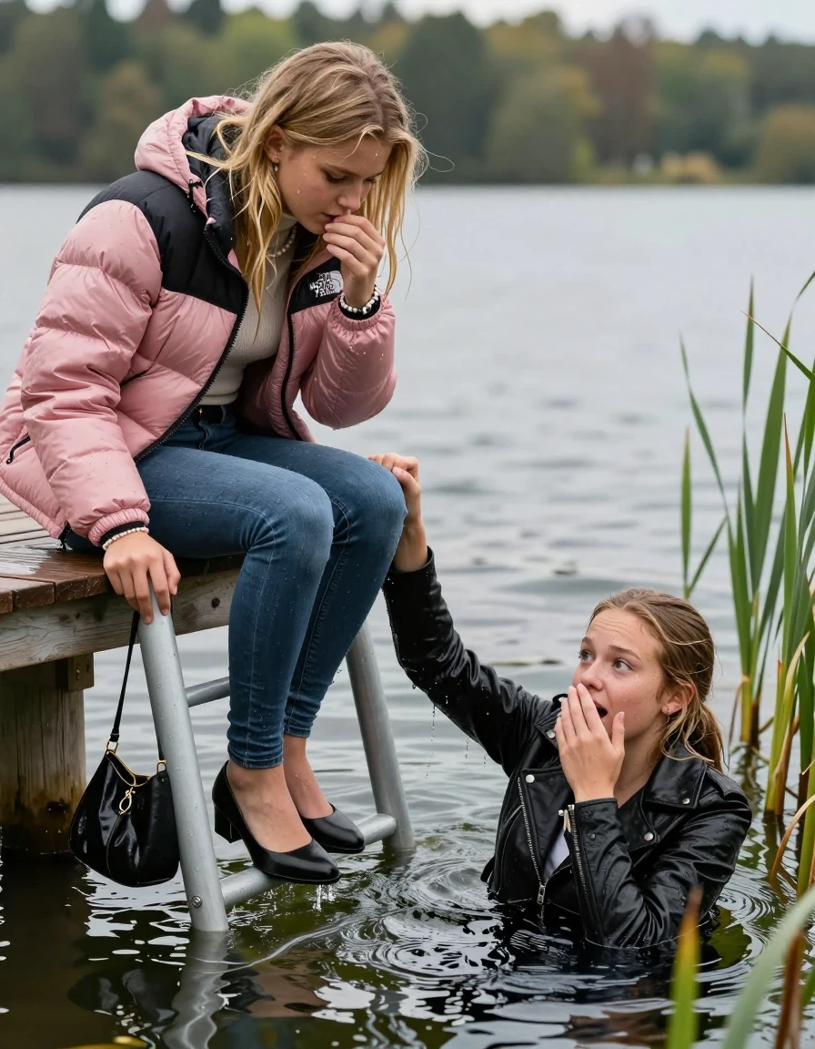 photo of young woman, in soaking wet, drenched clothes,
Heels, Completely soaked tight skinny jeans, Pink Puffer down jacket from north face, Tight turtleneck sweater belly free, handbag, pearl necklace, bracelet, wristwatch , Two Girls on a wooden bathing platform with a bathing ladder on a beautiful lake. The girls smiles with a sense of adventure and climbs the ladder into the water. Her legs are completly inside the water., 
enjoying, wet clothes stuck to body,
detailed textures of the wet clothes, wet face, wet plastered hair,
wet, drenched, professional, high-quality details, full body view.
sharp focus, ultra-high pixel detail, realistic, high-quality, full colors, incredibly detailed, 4k, 8k, 16k, hyper-realistic, RAW photo, masterpiece, ultra-detailed, professionally color graded, professional photograph, Blond sleek long straight hair

19 years old  teenage girl

Laying her breast on the surface.  Looking slightly away. Hold her hand over mouth.

One Girl inside the water with a black biker leatherjacket and one hand on her mouth, hold with the other the viewer's hand, pulling them she is completely underwater up to her neck, afraid and astonished expression. 

She hides in the reeds.

her submerged clothes are hardly vusible under water, she soaked her handbag into the water. The Girls wear different clothes. 

close up view, wet skin, wet clothes, wet hair, damp fabric, water runs down the clothes, wet skin, wet clothes, damp fabric, wet skin, wet clothes, damp fabric, wet skin, wet clothes, damp fabric, wet skin, wet clothes, damp fabric, wet skin, wet clothes, damp fabric, wet skin, wet clothes, damp fabric, wet skin, wet clothes, damp fabric, wet skin, wet clothes, damp fabric, wet skin, wet clothes, damp fabric, wet skin, wet clothes, damp fabric, wet skin, wet clothes, damp fabric, wet skin, wet clothes, damp fabric, wet skin, wet clothes, damp fabric, wet skin, wet clothes, damp fabric, wet skin, wet clothes, damp fabric, wet skin, wet clothes, damp fabric, wet skin, wet clothes, damp fabric, wet skin, wet clothes, damp fabric