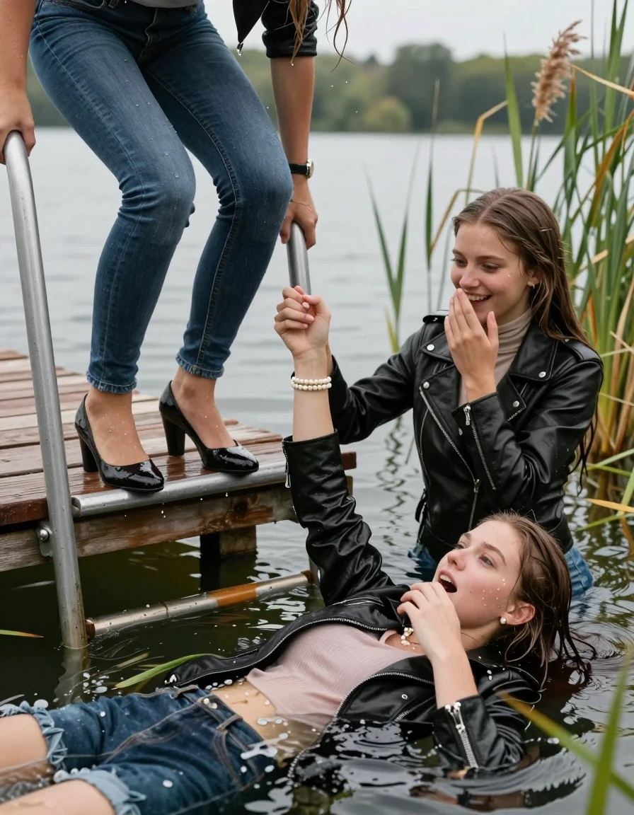 photo of young woman, in soaking wet, drenched clothes,
Heels, Completely soaked tight skinny jeans , biker leatherjacket, Tight turtleneck sweater belly free, handbag, pearl necklace, bracelet, wristwatch , Two Girls on a wooden bathing platform with a bathing ladder on a beautiful lake. The girls smiles with a sense of adventure and climbs the ladder into the water. The water reaches up to her chest., 
enjoying, wet clothes stuck to body,
detailed textures of the wet clothes, wet face, wet plastered hair,
wet, drenched, professional, high-quality details, full body view.
sharp focus, ultra-high pixel detail, realistic, high-quality, full colors, incredibly detailed, 4k, 8k, 16k, hyper-realistic, RAW photo, masterpiece, ultra-detailed, professionally color graded, professional photograph, sleek long straight hair

19 years old  teenage girl

Laying her breast on the surface.  Looking slightly away.

One Girl inside the water with a biker leatherjacket and one hand on her mouth, hold with the other the viewer's hand, pulling them she is completely underwater up to her neck, afraid and astonished expression. 

She hides in the reeds.

her submerged clothes are hardly vusible under water, she soaked her handbag into the water. The Girls wear different clothes. 

close up view, wet skin, wet clothes, wet hair, damp fabric, water runs down the clothes, wet skin, wet clothes, damp fabric, wet skin, wet clothes, damp fabric, wet skin, wet clothes, damp fabric, wet skin, wet clothes, damp fabric, wet skin, wet clothes, damp fabric, wet skin, wet clothes, damp fabric, wet skin, wet clothes, damp fabric, wet skin, wet clothes, damp fabric, wet skin, wet clothes, damp fabric, wet skin, wet clothes, damp fabric, wet skin, wet clothes, damp fabric, wet skin, wet clothes, damp fabric, wet skin, wet clothes, damp fabric, wet skin, wet clothes, damp fabric, wet skin, wet clothes, damp fabric, wet skin, wet clothes, damp fabric, wet skin, wet clothes, damp fabric, wet skin, wet clothes, damp fabric, wet skin, wet clothes, damp fabric