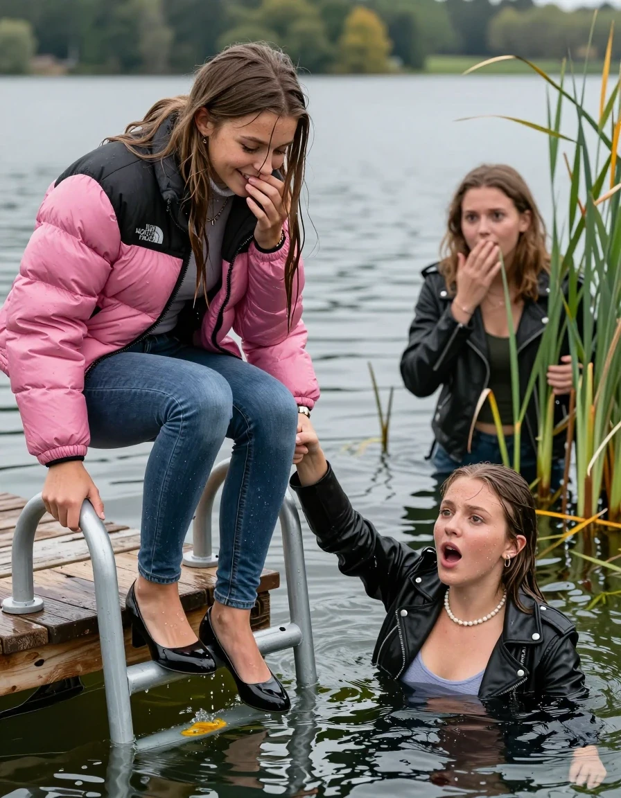photo of young woman, in soaking wet, drenched clothes,
Heels, Completely soaked tight skinny jeans, Pink Puffer down jacket from north face, Tight turtleneck sweater belly free, handbag, pearl necklace, bracelet, wristwatch , Two Girls on a wooden bathing platform with a bathing ladder on a beautiful lake. The girls smiles with a sense of adventure and climbs the ladder into the water. The water reaches up to her chest., 
enjoying, wet clothes stuck to body,
detailed textures of the wet clothes, wet face, wet plastered hair,
wet, drenched, professional, high-quality details, full body view.
sharp focus, ultra-high pixel detail, realistic, high-quality, full colors, incredibly detailed, 4k, 8k, 16k, hyper-realistic, RAW photo, masterpiece, ultra-detailed, professionally color graded, professional photograph, sleek long straight hair

19 years old  teenage girl

Laying her breast on the surface.  Looking slightly away. Hold her hand over mouth.

One Girl inside the water with a black biker leatherjacket and one hand on her mouth, hold with the other the viewer's hand, pulling them she is completely underwater up to her neck, afraid and astonished expression. 

She hides in the reeds.

her submerged clothes are hardly vusible under water, she soaked her handbag into the water. The Girls wear different clothes. 

close up view, wet skin, wet clothes, wet hair, damp fabric, water runs down the clothes, wet skin, wet clothes, damp fabric, wet skin, wet clothes, damp fabric, wet skin, wet clothes, damp fabric, wet skin, wet clothes, damp fabric, wet skin, wet clothes, damp fabric, wet skin, wet clothes, damp fabric, wet skin, wet clothes, damp fabric, wet skin, wet clothes, damp fabric, wet skin, wet clothes, damp fabric, wet skin, wet clothes, damp fabric, wet skin, wet clothes, damp fabric, wet skin, wet clothes, damp fabric, wet skin, wet clothes, damp fabric, wet skin, wet clothes, damp fabric, wet skin, wet clothes, damp fabric, wet skin, wet clothes, damp fabric, wet skin, wet clothes, damp fabric, wet skin, wet clothes, damp fabric, wet skin, wet clothes, damp fabric
