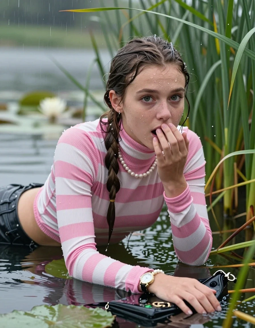 photo of young woman, in soaking wet, drenched clothes,
, , Tight pink and white striped turtleneck sweater belly free, handbag, pearl necklace, bracelet, wristwatch , Emerging after diving in a lake with water lilies and reeds, rain , 
enjoying, wet clothes stuck to body,
detailed textures of the wet clothes, wet face, wet plastered hair,
wet, drenched, professional, high-quality details, full body view.
sharp focus, ultra-high pixel detail, realistic, high-quality, full colors, incredibly detailed, 4k, 8k, 16k, hyper-realistic, RAW photo, masterpiece, ultra-detailed, professionally color graded, professional photograph, Sleek long ponytail with hairband

19 years old  teenage girl

Laying her breast on the surface.  Looking at camera. Hold her hand on mouth.

she is completely underwater up to her neck, afraid and astonished expression. 

She hides in the reeds and is surprised by spectators

her submerged clothes are hardly vusible under water, she soaked her handbag into the water

close up view, wet skin, wet clothes, wet hair, damp fabric, water runs down the clothes, wet skin, wet clothes, damp fabric, wet skin, wet clothes, damp fabric, wet skin, wet clothes, damp fabric, wet skin, wet clothes, damp fabric, wet skin, wet clothes, damp fabric, wet skin, wet clothes, damp fabric, wet skin, wet clothes, damp fabric, wet skin, wet clothes, damp fabric, wet skin, wet clothes, damp fabric, wet skin, wet clothes, damp fabric, wet skin, wet clothes, damp fabric, wet skin, wet clothes, damp fabric, wet skin, wet clothes, damp fabric, wet skin, wet clothes, damp fabric, wet skin, wet clothes, damp fabric, wet skin, wet clothes, damp fabric, wet skin, wet clothes, damp fabric