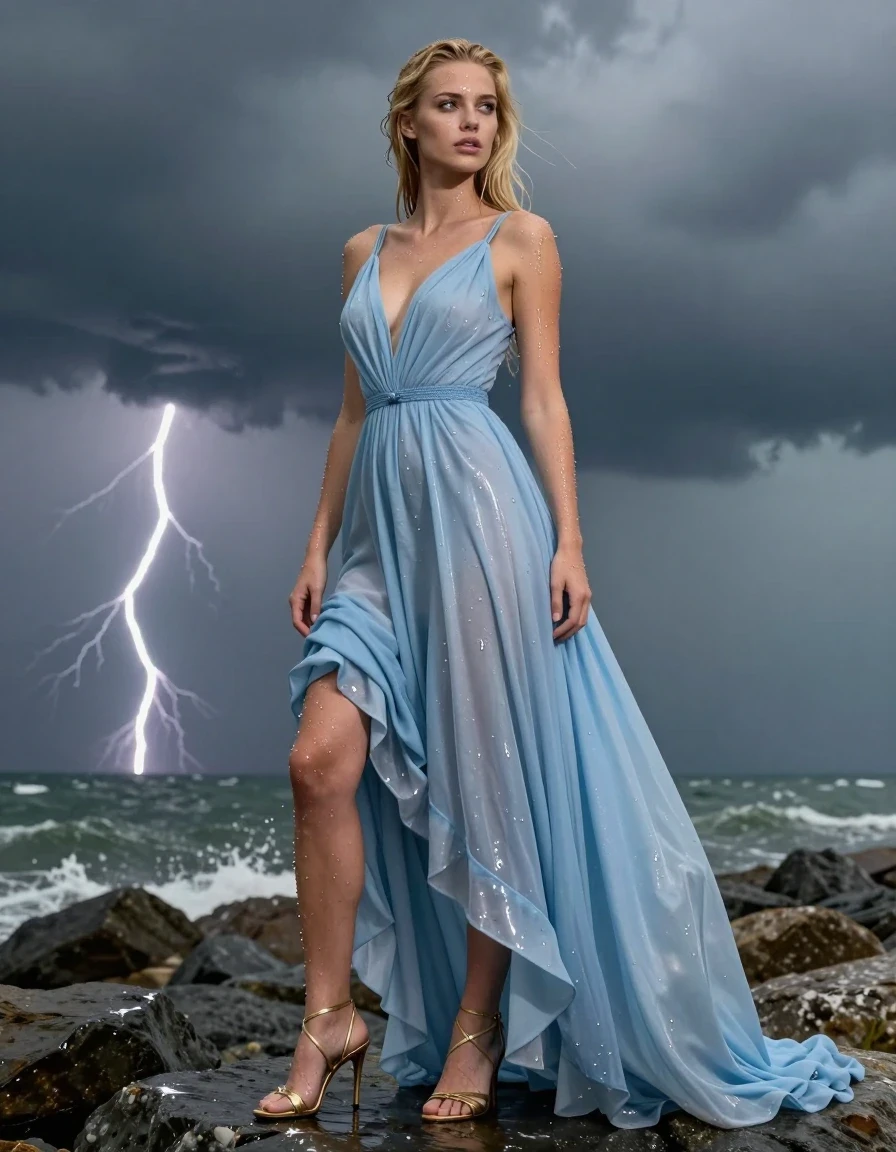 photo of young woman, in soaking wet, drenched clothes,
Strappy gold stilettos , Pale blue ball gown , Standing on rocks, thunder storm , 
enjoying, wet clothes stuck to body,
detailed textures of the wet clothes, wet face, wet plastered hair,
wet, drenched, professional, high-quality details, full body view.
sharp focus, ultra-high pixel detail, realistic, high-quality, full colors, incredibly detailed, 4k, 8k, 16k, hyper-realistic, RAW photo, masterpiece, ultra-detailed, professionally color graded, professional photograph, Blonde, wet clothes, wet skin, wet clothes, damp fabric