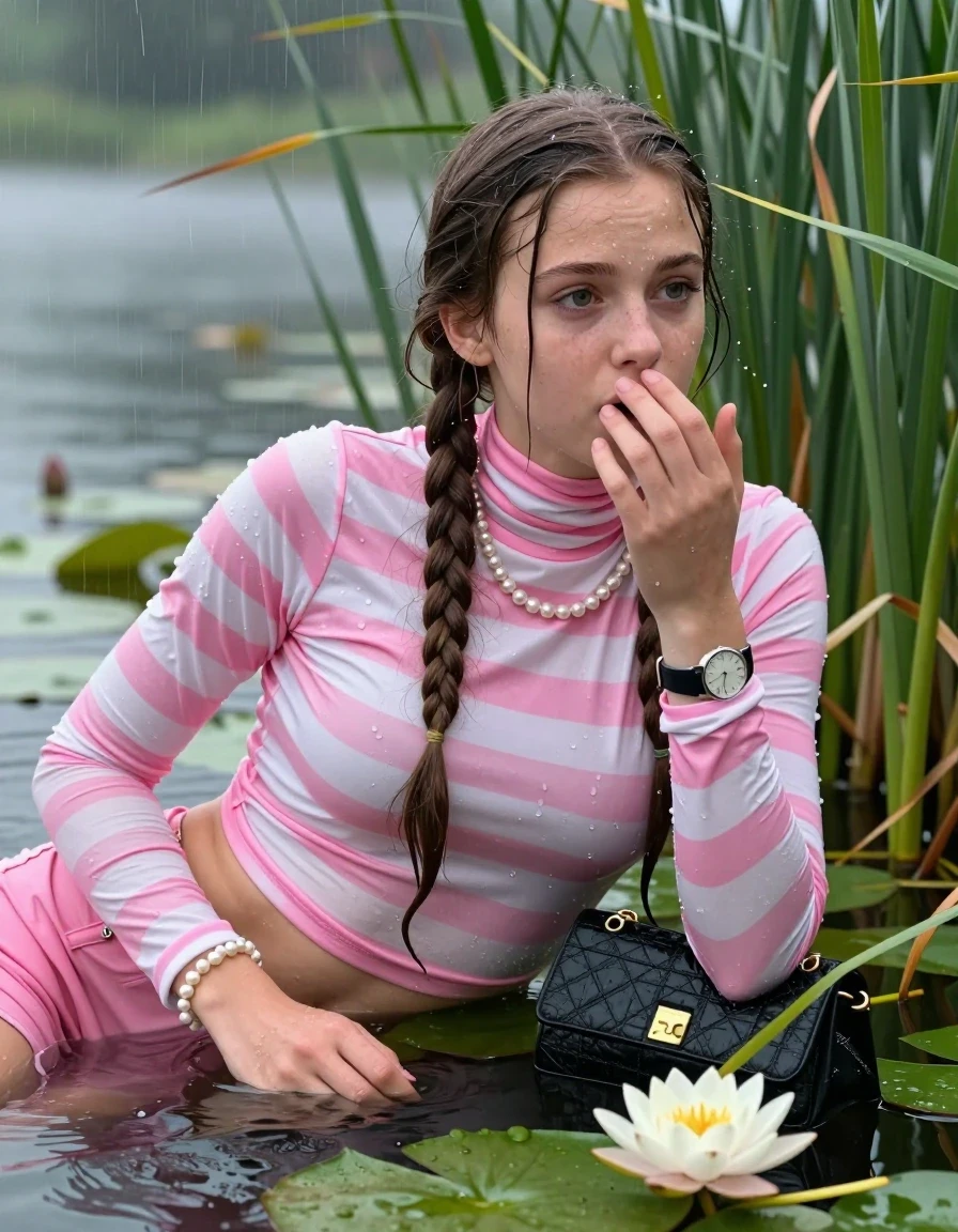 photo of young woman, in soaking wet, drenched clothes,
, , Tight pink and white striped turtleneck sweater belly free, handbag, pearl necklace, bracelet, wristwatch , Emerging after diving in a lake with water lilies and reeds, rain , 
enjoying, wet clothes stuck to body,
detailed textures of the wet clothes, wet face, wet plastered hair,
wet, drenched, professional, high-quality details, full body view.
sharp focus, ultra-high pixel detail, realistic, high-quality, full colors, incredibly detailed, 4k, 8k, 16k, hyper-realistic, RAW photo, masterpiece, ultra-detailed, professionally color graded, professional photograph, Two long braids

15 years old  teenage girl

Laying her breast on the surface.  Looking slightly away. Hold her hand on mouth.

she is completely underwater up to her neck, afraid and astonished expression. 

She hides in the reeds and is surprised by spectators

her submerged clothes are hardly vusible under water, she soaked her handbag into the water

close up view, wet skin, wet clothes, wet hair, damp fabric, water runs down the clothes, wet skin, wet clothes, damp fabric, wet skin, wet clothes, damp fabric, wet skin, wet clothes, damp fabric, wet skin, wet clothes, damp fabric, wet skin, wet clothes, damp fabric, wet skin, wet clothes, damp fabric, wet skin, wet clothes, damp fabric, wet skin, wet clothes, damp fabric, wet skin, wet clothes, damp fabric, wet skin, wet clothes, damp fabric, wet skin, wet clothes, damp fabric, wet skin, wet clothes, damp fabric, wet skin, wet clothes, damp fabric, wet skin, wet clothes, damp fabric, wet skin, wet clothes, damp fabric, wet skin, wet clothes, damp fabric, wet skin, wet clothes, damp fabric