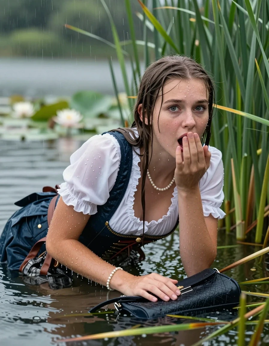 photo of young woman, in soaking wet, drenched clothes,
, , Short Dirndl, handbag, pearl necklace, bracelet, wristwatch , Emerging after diving in a lake with water lilies and reeds, rain , 
enjoying, wet clothes stuck to body,
detailed textures of the wet clothes, wet face, wet plastered hair,
wet, drenched, professional, high-quality details, full body view.
sharp focus, ultra-high pixel detail, realistic, high-quality, full colors, incredibly detailed, 4k, 8k, 16k, hyper-realistic, RAW photo, masterpiece, ultra-detailed, professionally color graded, professional photograph, Sleek long straight hair 

19 years old  teenage girl

Laying her breast on the surface.  Looking at camera. Hold her hand on mouth.

she is completely underwater up to her neck, afraid and astonished expression. 

She hides in the reeds and is surprised by spectators

her submerged clothes are hardly vusible under water, she soaked her handbag into the water

close up view, wet skin, wet clothes, wet hair, damp fabric, water runs down the clothes, wet skin, wet clothes, damp fabric, wet skin, wet clothes, damp fabric, wet skin, wet clothes, damp fabric, wet skin, wet clothes, damp fabric, wet skin, wet clothes, damp fabric, wet skin, wet clothes, damp fabric, wet skin, wet clothes, damp fabric, wet skin, wet clothes, damp fabric, wet skin, wet clothes, damp fabric, wet skin, wet clothes, damp fabric, wet skin, wet clothes, damp fabric, wet skin, wet clothes, damp fabric, wet skin, wet clothes, damp fabric, wet skin, wet clothes, damp fabric, wet skin, wet clothes, damp fabric, wet skin, wet clothes, damp fabric, wet skin, wet clothes, damp fabric