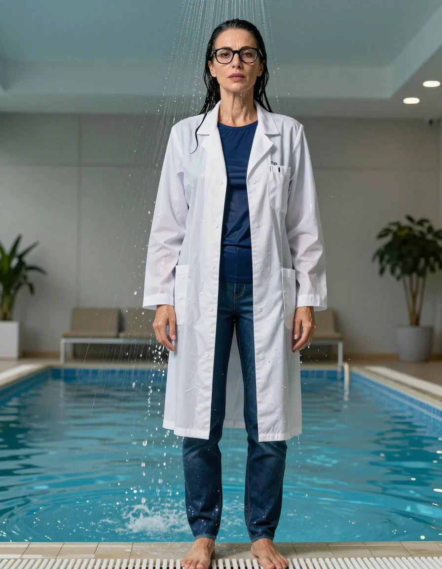 photo of young woman, in soaking wet, drenched clothes,
shoes, blue jeans, dark blue t-shirt over clinging, maxi white labcoat, shower indoor swimming pool, enjoying wet clothes stuck body, enjoying, wet clothes stuck to body, 
enjoying, wet clothes stuck to body,
detailed textures of the wet clothes, wet face, wet plastered hair,
wet, drenched, professional, high-quality details, full body view.
sharp focus, ultra-high pixel detail, realistic, high-quality, full colors, incredibly detailed, 4k, 8k, 16k, hyper-realistic, RAW photo, masterpiece, ultra-detailed, professionally color graded, professional photograph, europen brunette skinny woman 50 years old, long dark black hair, office glasses, very big and thick lips, complete body, wet skin, wet clothes, damp fabric, wet skin, wet clothes, damp fabric, wet skin, wet clothes, damp fabric, wet skin, wet clothes, damp fabric, wet skin, wet clothes, damp fabric, wet skin, wet clothes, damp fabric