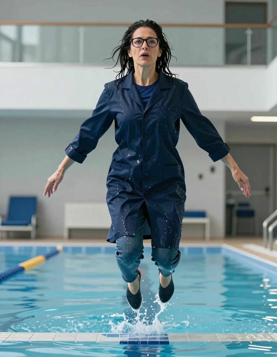 photo of young woman, in soaking wet, drenched clothes,
shoes, blue jeans, dark blue t-shirt over clinging, maxi dark blue labcoat, jumping in indoor swimming pool, enjoying wet clothes stuck body, enjoying, wet clothes stuck to body, 
enjoying, wet clothes stuck to body,
detailed textures of the wet clothes, wet face, wet plastered hair,
wet, drenched, professional, high-quality details, full body view.
sharp focus, ultra-high pixel detail, realistic, high-quality, full colors, incredibly detailed, 4k, 8k, 16k, hyper-realistic, RAW photo, masterpiece, ultra-detailed, professionally color graded, professional photograph, europen brunette skinny woman 50 years old, long dark black hair, office glasses, very big and thick lips, complete body, wet skin, wet clothes, damp fabric, wet skin, wet clothes, damp fabric, wet skin, wet clothes, damp fabric, wet skin, wet clothes, damp fabric, wet skin, wet clothes, damp fabric, wet skin, wet clothes, damp fabric