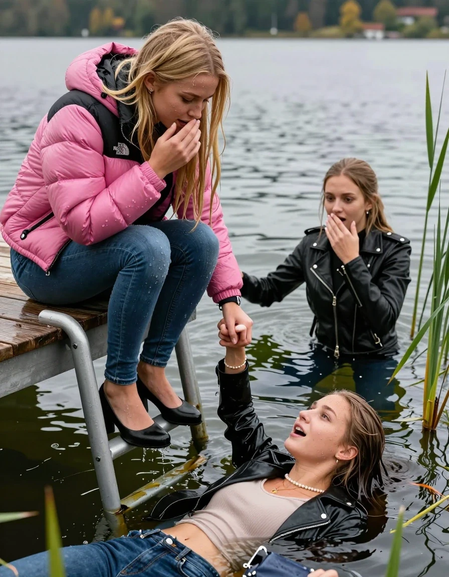 photo of young woman, in soaking wet, drenched clothes,
Heels, Completely soaked tight skinny jeans, Pink Puffer down jacket from north face, Tight turtleneck sweater belly free, handbag, pearl necklace, bracelet, wristwatch , Two Girls on a wooden bathing platform with a bathing ladder on a beautiful lake. The girls smiles with a sense of adventure and climbs the ladder into the water. The water reaches up to her chest., 
enjoying, wet clothes stuck to body,
detailed textures of the wet clothes, wet face, wet plastered hair,
wet, drenched, professional, high-quality details, full body view.
sharp focus, ultra-high pixel detail, realistic, high-quality, full colors, incredibly detailed, 4k, 8k, 16k, hyper-realistic, RAW photo, masterpiece, ultra-detailed, professionally color graded, professional photograph, Blond sleek long straight hair

19 years old  teenage girl

Laying her breast on the surface.  Looking slightly away. Hold her hand over mouth.

One Girl inside the water with a black biker leatherjacket and one hand on her mouth, hold with the other the viewer's hand, pulling them she is completely underwater up to her neck, afraid and astonished expression. 

She hides in the reeds.

her submerged clothes are hardly vusible under water, she soaked her handbag into the water. The Girls wear different clothes. 

close up view, wet skin, wet clothes, wet hair, damp fabric, water runs down the clothes, wet skin, wet clothes, damp fabric, wet skin, wet clothes, damp fabric, wet skin, wet clothes, damp fabric, wet skin, wet clothes, damp fabric, wet skin, wet clothes, damp fabric, wet skin, wet clothes, damp fabric, wet skin, wet clothes, damp fabric, wet skin, wet clothes, damp fabric, wet skin, wet clothes, damp fabric, wet skin, wet clothes, damp fabric, wet skin, wet clothes, damp fabric, wet skin, wet clothes, damp fabric, wet skin, wet clothes, damp fabric, wet skin, wet clothes, damp fabric, wet skin, wet clothes, damp fabric, wet skin, wet clothes, damp fabric, wet skin, wet clothes, damp fabric, wet skin, wet clothes, damp fabric