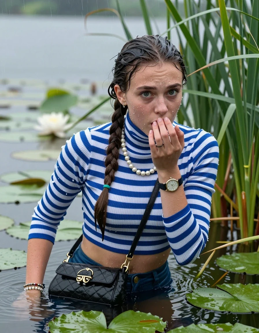 photo of young woman, in soaking wet, drenched clothes,
, , Tight blue and white striped turtleneck sweater belly free, handbag, pearl necklace, bracelet, wristwatch , Emerging after diving in a lake with water lilies and reeds, rain , 
enjoying, wet clothes stuck to body,
detailed textures of the wet clothes, wet face, wet plastered hair,
wet, drenched, professional, high-quality details, full body view.
sharp focus, ultra-high pixel detail, realistic, high-quality, full colors, incredibly detailed, 4k, 8k, 16k, hyper-realistic, RAW photo, masterpiece, ultra-detailed, professionally color graded, professional photograph, Sleek long ponytail with hairband

19 years old  teenage girl

Laying her breast on the surface.  Looking at camera. Hold her hand on mouth.

she is completely underwater up to her neck, afraid and astonished expression. 

She hides in the reeds and is surprised by spectators

her submerged clothes are hardly vusible under water, she soaked her handbag into the water

close up view, wet skin, wet clothes, wet hair, damp fabric, water runs down the clothes, wet skin, wet clothes, damp fabric, wet skin, wet clothes, damp fabric, wet skin, wet clothes, damp fabric, wet skin, wet clothes, damp fabric, wet skin, wet clothes, damp fabric, wet skin, wet clothes, damp fabric, wet skin, wet clothes, damp fabric, wet skin, wet clothes, damp fabric, wet skin, wet clothes, damp fabric, wet skin, wet clothes, damp fabric, wet skin, wet clothes, damp fabric, wet skin, wet clothes, damp fabric, wet skin, wet clothes, damp fabric, wet skin, wet clothes, damp fabric, wet skin, wet clothes, damp fabric, wet skin, wet clothes, damp fabric, wet skin, wet clothes, damp fabric