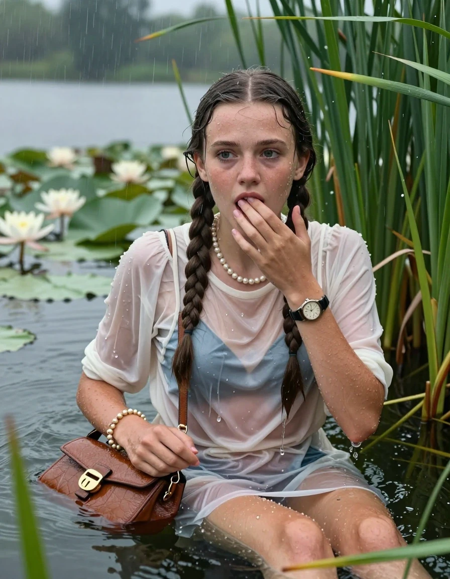 photo of young woman, in soaking wet, drenched clothes,
, , Short Summer dress, handbag, pearl necklace, bracelet, wristwatch , Emerging after diving in a lake with water lilies and reeds, rain , 
enjoying, wet clothes stuck to body,
detailed textures of the wet clothes, wet face, wet plastered hair,
wet, drenched, professional, high-quality details, full body view.
sharp focus, ultra-high pixel detail, realistic, high-quality, full colors, incredibly detailed, 4k, 8k, 16k, hyper-realistic, RAW photo, masterpiece, ultra-detailed, professionally color graded, professional photograph, Two long braids

15 years old  teenage girl

Laying her breast on the surface.  Looking slightly away. Hold her hand on mouth.

she is completely underwater up to her neck, afraid and astonished expression. 

She hides in the reeds and is surprised by spectators

her submerged clothes are hardly vusible under water, she soaked her handbag into the water

close up view, wet skin, wet clothes, wet hair, damp fabric, water runs down the clothes, wet skin, wet clothes, damp fabric, wet skin, wet clothes, damp fabric, wet skin, wet clothes, damp fabric, wet skin, wet clothes, damp fabric, wet skin, wet clothes, damp fabric, wet skin, wet clothes, damp fabric, wet skin, wet clothes, damp fabric, wet skin, wet clothes, damp fabric, wet skin, wet clothes, damp fabric, wet skin, wet clothes, damp fabric, wet skin, wet clothes, damp fabric, wet skin, wet clothes, damp fabric, wet skin, wet clothes, damp fabric, wet skin, wet clothes, damp fabric, wet skin, wet clothes, damp fabric, wet skin, wet clothes, damp fabric, wet skin, wet clothes, damp fabric