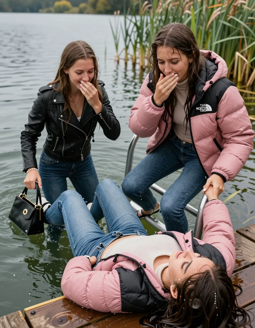 photo of young woman, in soaking wet, drenched clothes,
Heels, Completely soaked tight skinny jeans, Pink Puffer down jacket from north face, Tight turtleneck sweater belly free, handbag, pearl necklace, bracelet, wristwatch , Two Girls on a wooden bathing platform with a bathing ladder on a beautiful lake. The girls smiles with a sense of adventure and climbs the ladder into the water. The water reaches up to her chest., 
enjoying, wet clothes stuck to body,
detailed textures of the wet clothes, wet face, wet plastered hair,
wet, drenched, professional, high-quality details, full body view.
sharp focus, ultra-high pixel detail, realistic, high-quality, full colors, incredibly detailed, 4k, 8k, 16k, hyper-realistic, RAW photo, masterpiece, ultra-detailed, professionally color graded, professional photograph, sleek long straight hair

19 years old  teenage girl

Laying her breast on the surface.  Looking slightly away. Hold her hand over mouth.

One Girl inside the water with a black biker leatherjacket and one hand on her mouth, hold with the other the viewer's hand, pulling them she is completely underwater up to her neck, afraid and astonished expression. 

She hides in the reeds.

her submerged clothes are hardly vusible under water, she soaked her handbag into the water. The Girls wear different clothes. 

close up view, wet skin, wet clothes, wet hair, damp fabric, water runs down the clothes, wet skin, wet clothes, damp fabric, wet skin, wet clothes, damp fabric, wet skin, wet clothes, damp fabric, wet skin, wet clothes, damp fabric, wet skin, wet clothes, damp fabric, wet skin, wet clothes, damp fabric, wet skin, wet clothes, damp fabric, wet skin, wet clothes, damp fabric, wet skin, wet clothes, damp fabric, wet skin, wet clothes, damp fabric, wet skin, wet clothes, damp fabric, wet skin, wet clothes, damp fabric, wet skin, wet clothes, damp fabric, wet skin, wet clothes, damp fabric, wet skin, wet clothes, damp fabric, wet skin, wet clothes, damp fabric, wet skin, wet clothes, damp fabric, wet skin, wet clothes, damp fabric, wet skin, wet clothes, damp fabric