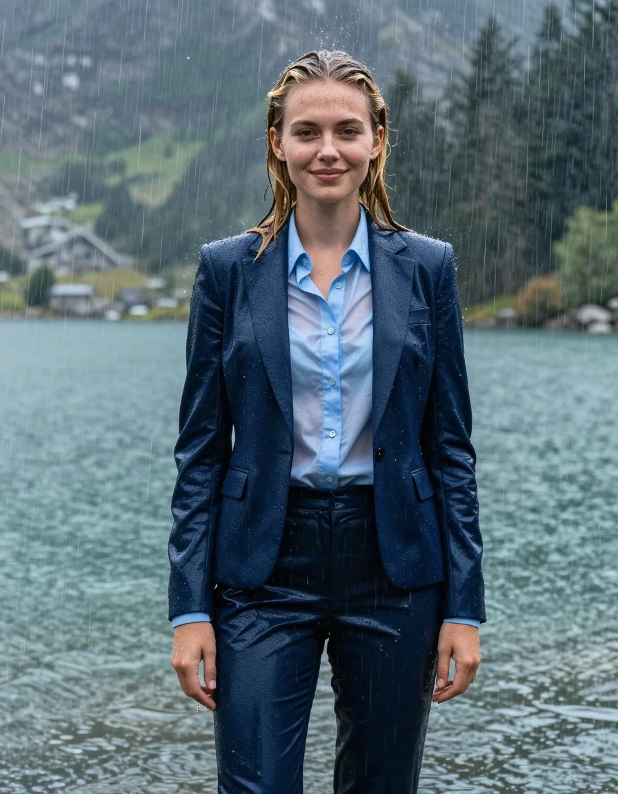 A stunning, full-body photorealistic portrait of a young European woman with long layered blond hair styled in a side parting. She is standing in the deep, cold water of a mountain lake during a torrential rain storm. She is wearing a dark blue business suit jacket over a light blue button-down long-sleeve shirt, paired with matching dark blue business suit trousers. Every garment is completely soaked, fully drenched, and heavy with water, with the fabric clinging tightly to her body and the light blue shirt becoming translucent from the saturation. Her skin is glistening with rain, her hair is plastered to her face and shoulders, and she is smiling softly with open eyes while showering under the heavy rain. The scene features intense wetlook textures, with damp fabric showing deep color shifts, heavy folds, and water sheen. Cinematic lighting captures the atmospheric mountain lake backdrop, with heavy rain streaks, 4k high resolution, hyper-realistic skin textures, and clear, sharp details on the wet, clinging business attire.