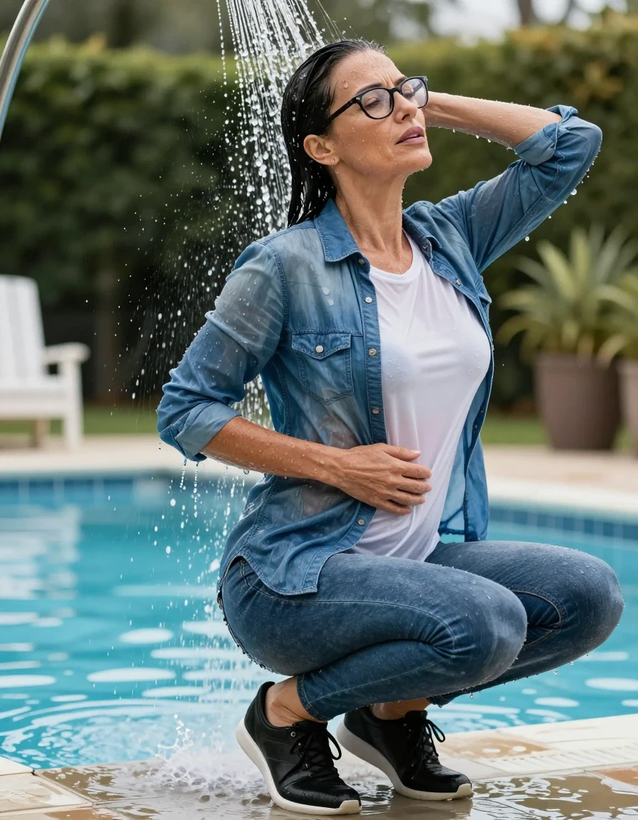 photo of young woman, in soaking wet, drenched clothes,
sport shoes, blue jeans, white t-shirt over clinging, blue denim shirt, taking shower after swim in outdoor swimming pool, enjoying wet clothes stuck body, enjoying, wet clothes stuck to body, 
enjoying, wet clothes stuck to body,
detailed textures of the wet clothes, wet face, wet plastered hair,
wet, drenched, professional, high-quality details, full body view.
sharp focus, ultra-high pixel detail, realistic, high-quality, full colors, incredibly detailed, 4k, 8k, 16k, hyper-realistic, RAW photo, masterpiece, ultra-detailed, professionally color graded, professional photograph, europen brunette skinny woman 50 years old, long dark black hair, very big and thick lips,  office glasses, complete body, wet skin, wet clothes, damp fabric, wet skin, wet clothes, damp fabric, wet skin, wet clothes, damp fabric, wet skin, wet clothes, damp fabric, wet skin, wet clothes, damp fabric, wet skin, wet clothes, damp fabric
