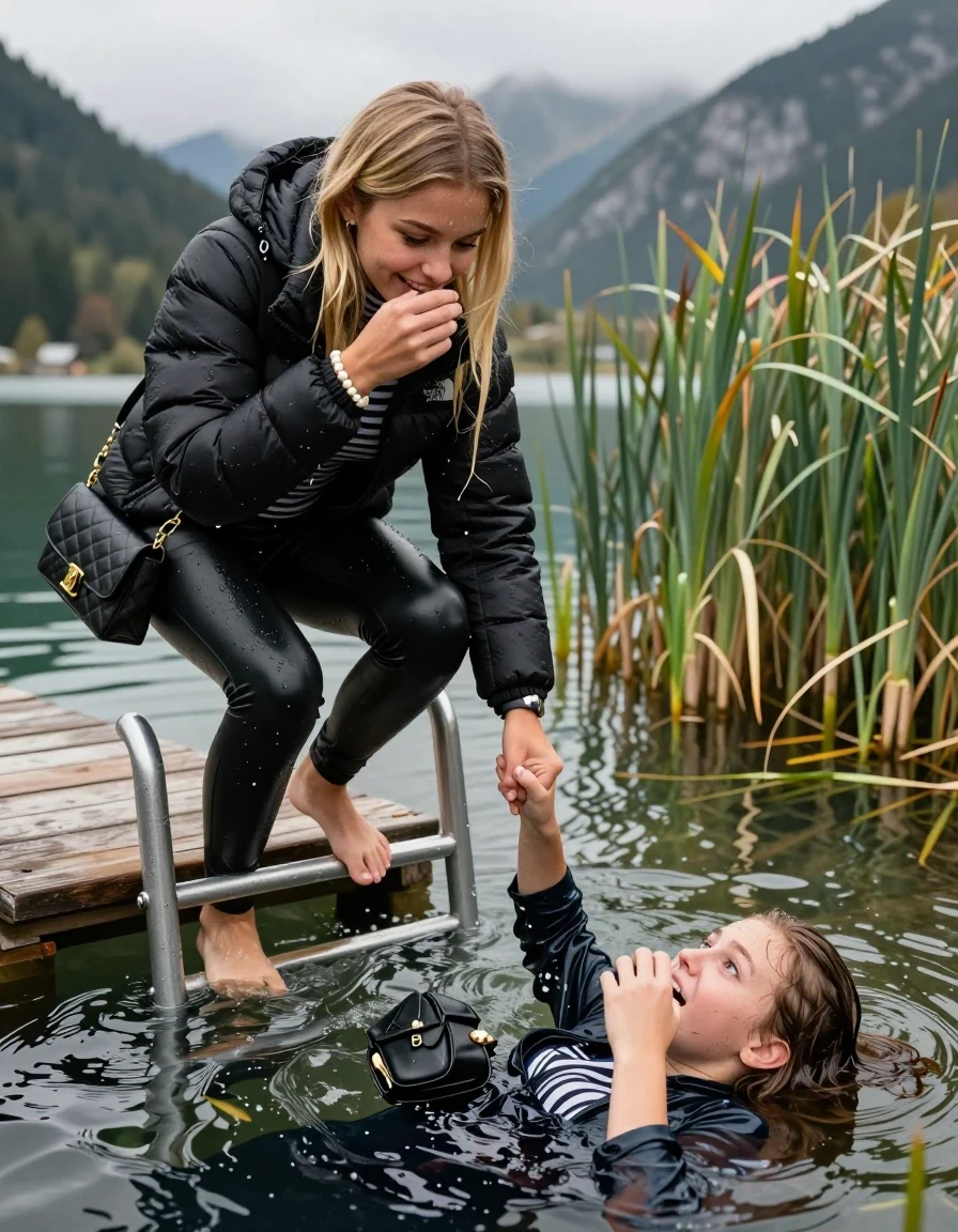 photo of young woman, in soaking wet, drenched clothes,
, Black leatherleggings , Black Puffer down jacket from north face, Tight striped turtleneck sweater belly free, handbag, pearl necklace, bracelet, wristwatch , Two Girls on a wooden bathing platform with a bathing ladder on a beautiful mountain lake. The woman smiles with a sense of adventure and climbs the ladder into the water. The water reaches up to her chest., 
enjoying, wet clothes stuck to body,
detailed textures of the wet clothes, wet face, wet plastered hair,
wet, drenched, professional, high-quality details, full body view.
sharp focus, ultra-high pixel detail, realistic, high-quality, full colors, incredibly detailed, 4k, 8k, 16k, hyper-realistic, RAW photo, masterpiece, ultra-detailed, professionally color graded, professional photograph, Blond sleek long straight hair

19 years old  teenage girl

Laying her breast on the surface.  Looking slightly away. Hold her hand over mouth.

One Girl inside the water 0ne hand on her mouth, hold with the other the viewer's hand, pulling them she is completely underwater up to her neck, afraid and astonished expression. 

She hides in the reeds.

her submerged clothes are hardly vusible under water, she soaked her handbag into the water. The Girls wear different clothes. 

close up view, wet skin, wet clothes, wet hair, damp fabric, water runs down the clothes, wet skin, wet clothes, damp fabric, wet skin, wet clothes, damp fabric, wet skin, wet clothes, damp fabric, wet skin, wet clothes, damp fabric, wet skin, wet clothes, damp fabric, wet skin, wet clothes, damp fabric, wet skin, wet clothes, damp fabric, wet skin, wet clothes, damp fabric, wet skin, wet clothes, damp fabric, wet skin, wet clothes, damp fabric, wet skin, wet clothes, damp fabric, wet skin, wet clothes, damp fabric, wet skin, wet clothes, damp fabric, wet skin, wet clothes, damp fabric, wet skin, wet clothes, damp fabric, wet skin, wet clothes, damp fabric, wet skin, wet clothes, damp fabric, wet skin, wet clothes, damp fabric