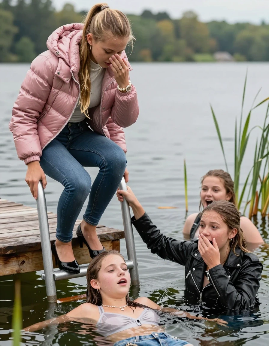 photo of young woman, in soaking wet, drenched clothes,
Heels, Completely soaked tight skinny jeans, Moncler pink shiny Puffer down jacket, Tight turtleneck sweater belly free, handbag, pearl necklace, bracelet, wristwatch , Three Girls on a wooden bathing platform with a bathing ladder on a beautiful lake. The girls smiles with a sense of adventure and climbs half submerged the ladder into the water. The water reaches up to her chest., 
enjoying, wet clothes stuck to body,
detailed textures of the wet clothes, wet face, wet plastered hair,
wet, drenched, professional, high-quality details, full body view.
sharp focus, ultra-high pixel detail, realistic, high-quality, full colors, incredibly detailed, 4k, 8k, 16k, hyper-realistic, RAW photo, masterpiece, ultra-detailed, professionally color graded, professional photograph, Blond sleek long straight hair, sleek ponytail 

15 years old  teenage girl

Laying her breast on the surface.  Looking slightly away. Hold her hand over her face.

One Girl inside the water with a black biker leatherjacket and one hand on her mouth, hold with the other the viewer's hand, pulling them she is completely underwater up to her neck, afraid and astonished expression. 

She hides in the reeds.

her submerged clothes are hardly vusible under water, she soaked her handbag into the water. The Girls wear different clothes. 

close up view, wet skin, wet clothes, wet hair, damp fabric, water runs down the clothes, wet skin, wet clothes, damp fabric, wet skin, wet clothes, damp fabric, wet skin, wet clothes, damp fabric, wet skin, wet clothes, damp fabric, wet skin, wet clothes, damp fabric, wet skin, wet clothes, damp fabric, wet skin, wet clothes, damp fabric, wet skin, wet clothes, damp fabric, wet skin, wet clothes, damp fabric, wet skin, wet clothes, damp fabric, wet skin, wet clothes, damp fabric, wet skin, wet clothes, damp fabric, wet skin, wet clothes, damp fabric, wet skin, wet clothes, damp fabric, wet skin, wet clothes, damp fabric, wet skin, wet clothes, damp fabric, wet skin, wet clothes, damp fabric, wet skin, wet clothes, damp fabric, wet skin, wet clothes, damp fabric, wet skin, wet clothes, damp fabric