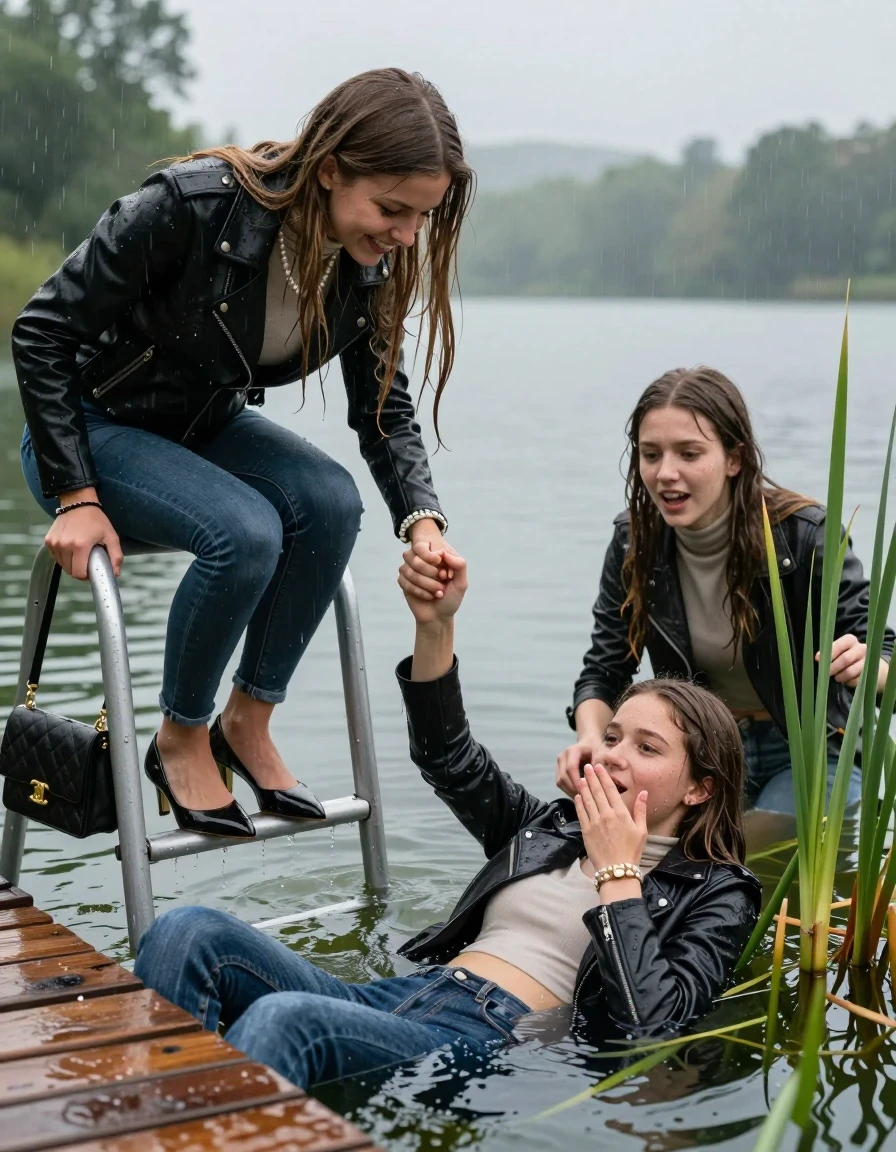 photo of young woman, in soaking wet, drenched clothes,
Heels, Completely soaked tight skinny jeans , biker leatherjacket, Tight turtleneck sweater belly free, handbag, pearl necklace, bracelet, wristwatch , Two Girls on a wooden bathing platform with a bathing ladder on a beautiful lake. The girls smiles with a sense of adventure and climbs the ladder into the water. The water reaches up to her chest. Heavy Rain. , 
enjoying, wet clothes stuck to body,
detailed textures of the wet clothes, wet face, wet plastered hair,
wet, drenched, professional, high-quality details, full body view.
sharp focus, ultra-high pixel detail, realistic, high-quality, full colors, incredibly detailed, 4k, 8k, 16k, hyper-realistic, RAW photo, masterpiece, ultra-detailed, professionally color graded, professional photograph, sleek long straight hair

19 years old  teenage girl

Laying her breast on the surface.  Looking slightly away.

One Girl inside the water with a biker leatherjacket and one hand on her mouth, hold with the other the viewer's hand, pulling them she is completely underwater up to her neck, afraid and astonished expression. 

She hides in the reeds.

her submerged clothes are hardly vusible under water, she soaked her handbag into the water. The Girls wear different clothes. 

close up view, wet skin, wet clothes, wet hair, damp fabric, water runs down the clothes, wet skin, wet clothes, damp fabric, wet skin, wet clothes, damp fabric, wet skin, wet clothes, damp fabric, wet skin, wet clothes, damp fabric, wet skin, wet clothes, damp fabric, wet skin, wet clothes, damp fabric, wet skin, wet clothes, damp fabric, wet skin, wet clothes, damp fabric, wet skin, wet clothes, damp fabric, wet skin, wet clothes, damp fabric, wet skin, wet clothes, damp fabric, wet skin, wet clothes, damp fabric, wet skin, wet clothes, damp fabric, wet skin, wet clothes, damp fabric, wet skin, wet clothes, damp fabric, wet skin, wet clothes, damp fabric, wet skin, wet clothes, damp fabric, wet skin, wet clothes, damp fabric, wet skin, wet clothes, damp fabric