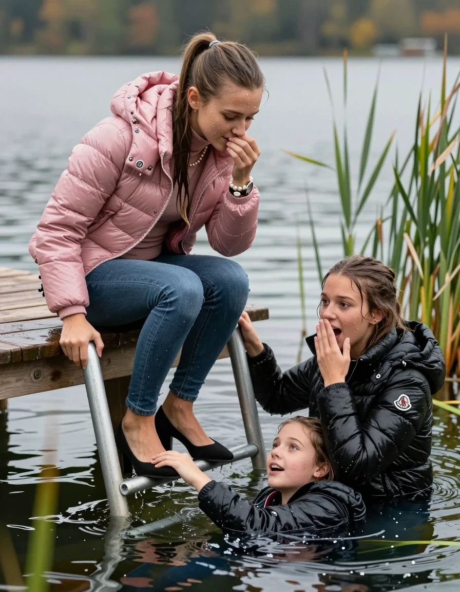 photo of young woman, in soaking wet, drenched clothes,
Heels, Completely soaked tight skinny jeans, Moncler pink shiny Puffer down jacket, Tight turtleneck sweater belly free, handbag, pearl necklace, bracelet, wristwatch , Two Girls on a wooden bathing platform with a bathing ladder on a beautiful lake. The girls smiles with a sense of adventure and climbs half submerged the ladder into the water. The water reaches up to her chest., 
enjoying, wet clothes stuck to body,
detailed textures of the wet clothes, wet face, wet plastered hair,
wet, drenched, professional, high-quality details, full body view.
sharp focus, ultra-high pixel detail, realistic, high-quality, full colors, incredibly detailed, 4k, 8k, 16k, hyper-realistic, RAW photo, masterpiece, ultra-detailed, professionally color graded, professional photograph, sleek long straight hair, sleek ponytail 

18 years old  teenage girl

Laying her breast on the surface.  Looking slightly away. Hold her hand over her mouth and nose.

One Girl inside the water with a black moncler puffer shiny down jacket and one hand on her mouth, hold with the other the viewer's hand, pulling them she is completely underwater up to her neck, afraid and astonished expression. 

She hides in the reeds.

her submerged clothes are hardly vusible under water, she soaked her handbag into the water. The Girls wear different clothes. 

close up view, wet skin, wet clothes, wet hair, damp fabric, water runs down the clothes, wet skin, wet clothes, damp fabric, wet skin, wet clothes, damp fabric, wet skin, wet clothes, damp fabric, wet skin, wet clothes, damp fabric, wet skin, wet clothes, damp fabric, wet skin, wet clothes, damp fabric, wet skin, wet clothes, damp fabric, wet skin, wet clothes, damp fabric, wet skin, wet clothes, damp fabric, wet skin, wet clothes, damp fabric, wet skin, wet clothes, damp fabric, wet skin, wet clothes, damp fabric, wet skin, wet clothes, damp fabric, wet skin, wet clothes, damp fabric, wet skin, wet clothes, damp fabric, wet skin, wet clothes, damp fabric, wet skin, wet clothes, damp fabric, wet skin, wet clothes, damp fabric, wet skin, wet clothes, damp fabric, wet skin, wet clothes, damp fabric